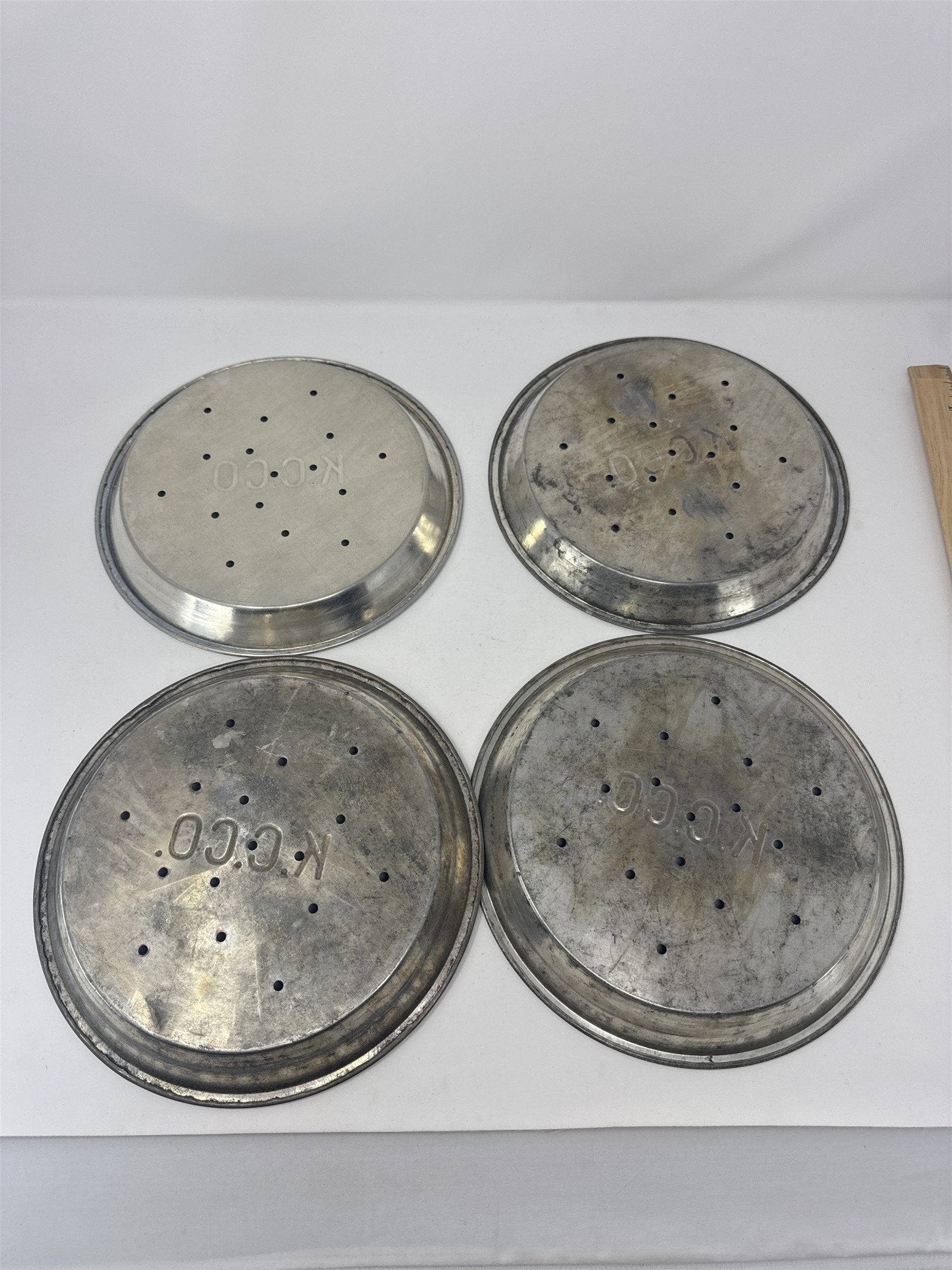 Lot of 4 Vtg K.C.C.O. Aluminum Pie Plates 9" Perforated Metal Baking Tins