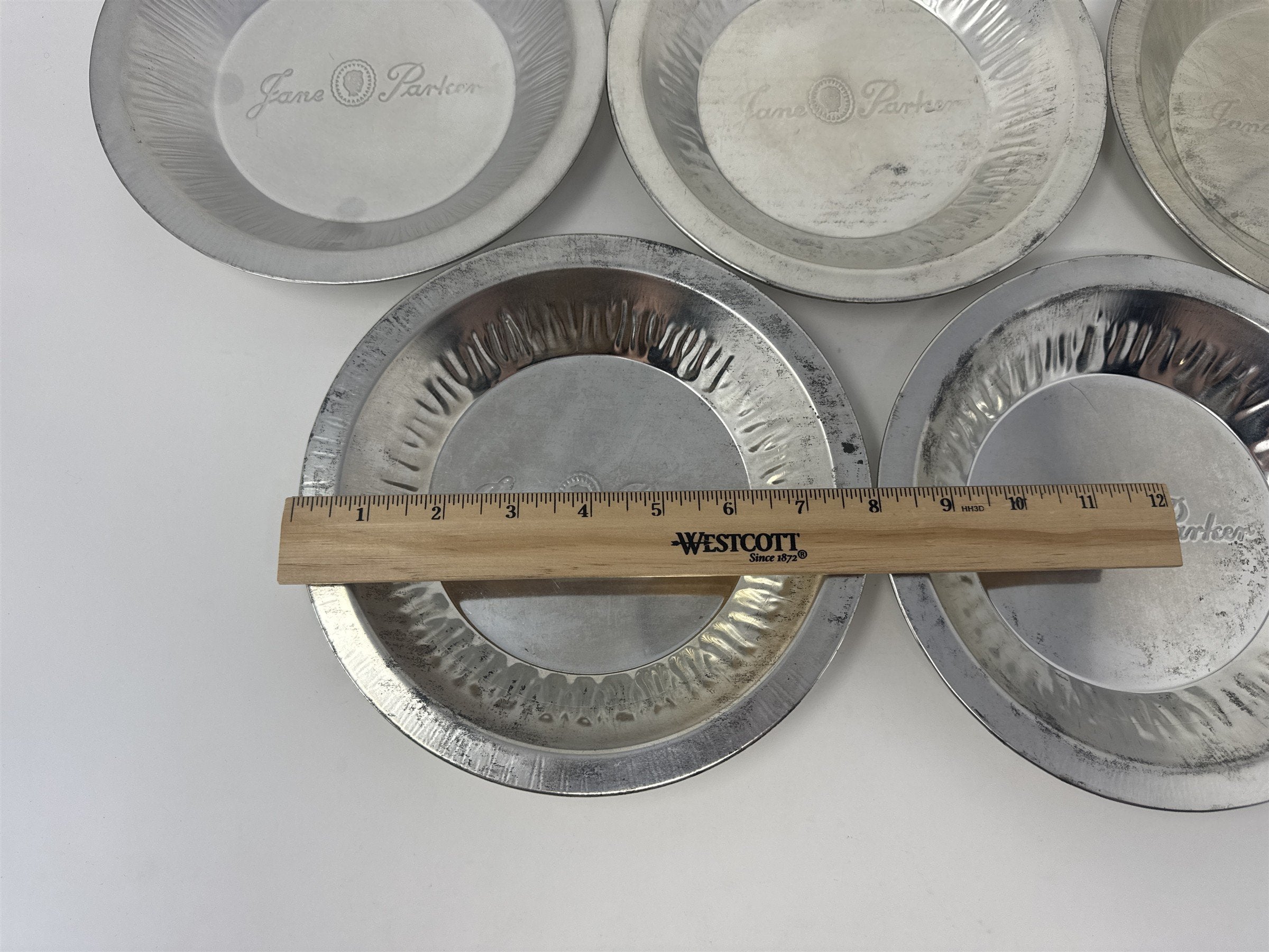 Vtg Jane Parke Aluminum Pie Plates Set of 5 8" Metal Baking Tins Stamped Retro