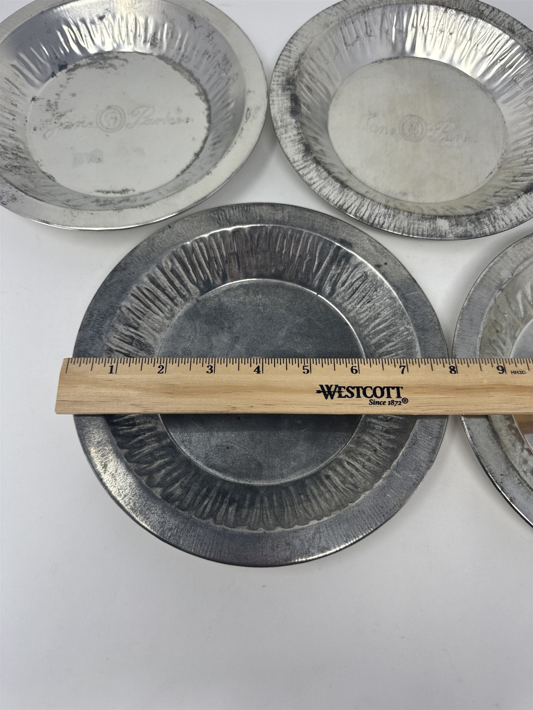 Set of 5x Vtg Jane Parke Aluminum Pie Plates 8" Metal Baking Tins Stamped Retro