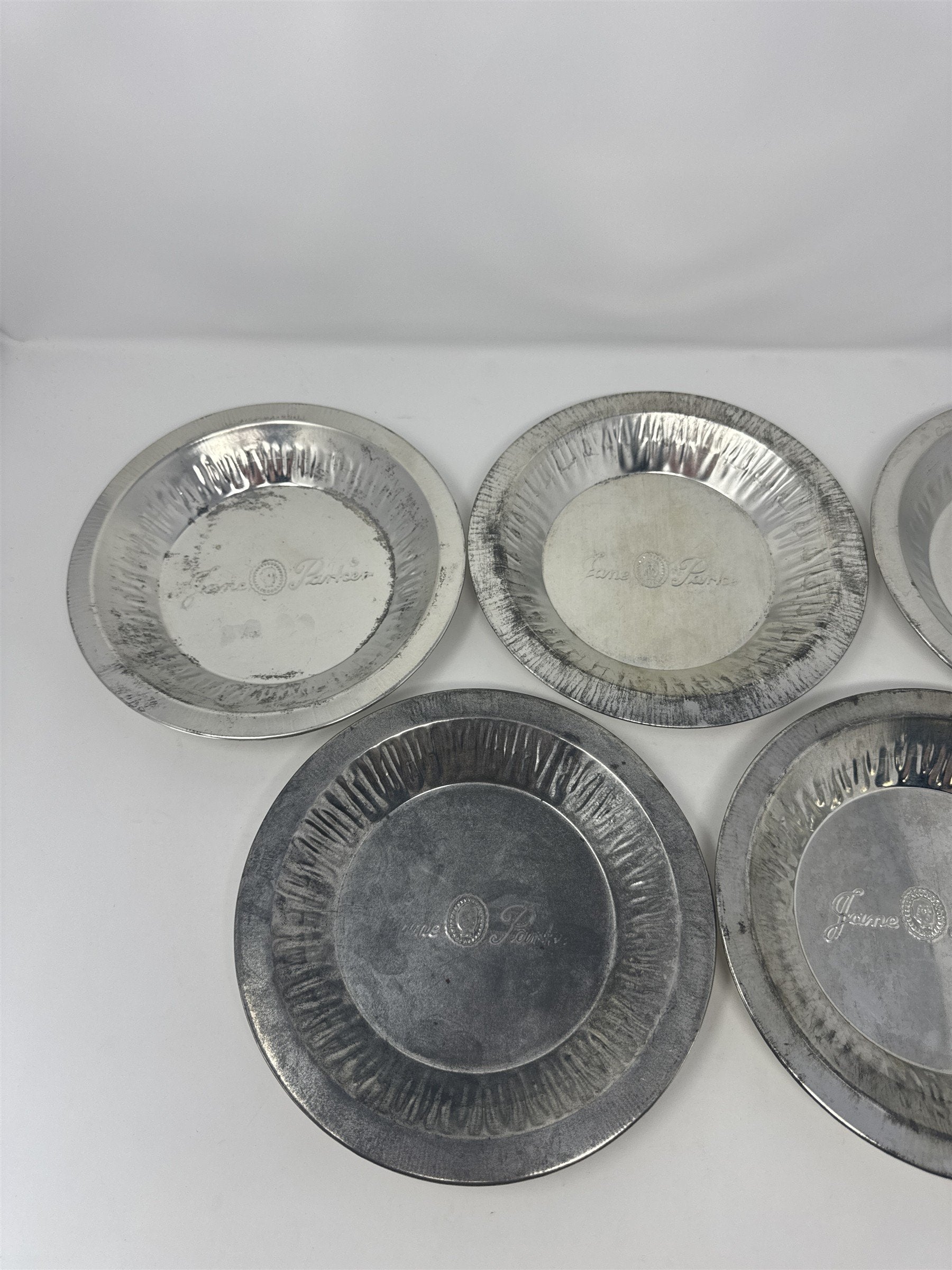 Set of 5x Vtg Jane Parke Aluminum Pie Plates 8" Metal Baking Tins Stamped Retro