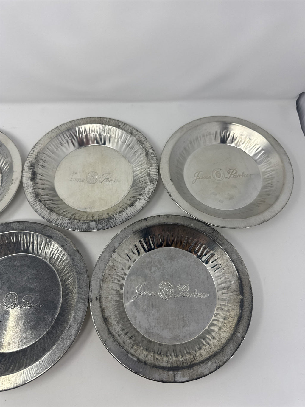 Set of 5x Vtg Jane Parke Aluminum Pie Plates 8" Metal Baking Tins Stamped Retro
