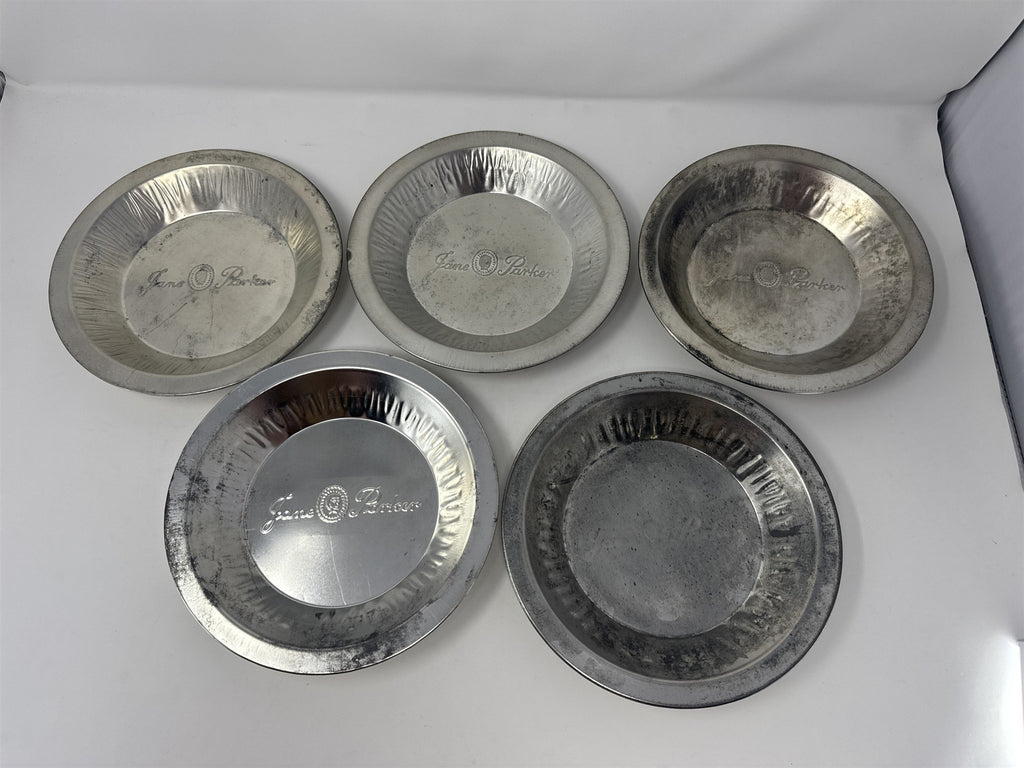 Set of 5 Vtg Jane Parke Aluminum Pie Plates 8" Metal Baking Tins Stamped Retro