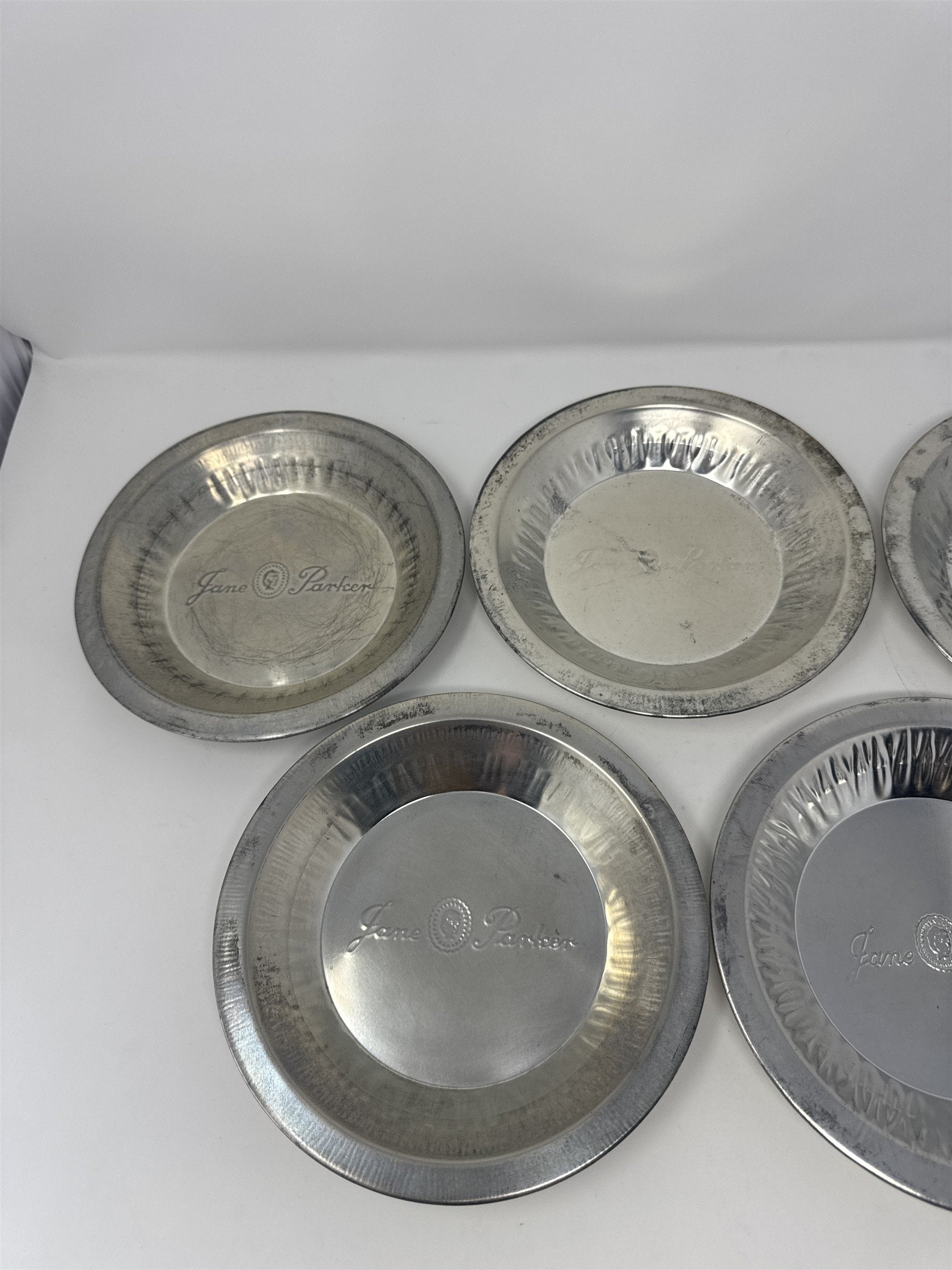Lot of 5 Vtg Jane Parke Aluminum Pie Plates 8" Metal Baking Tins Stamped Retro