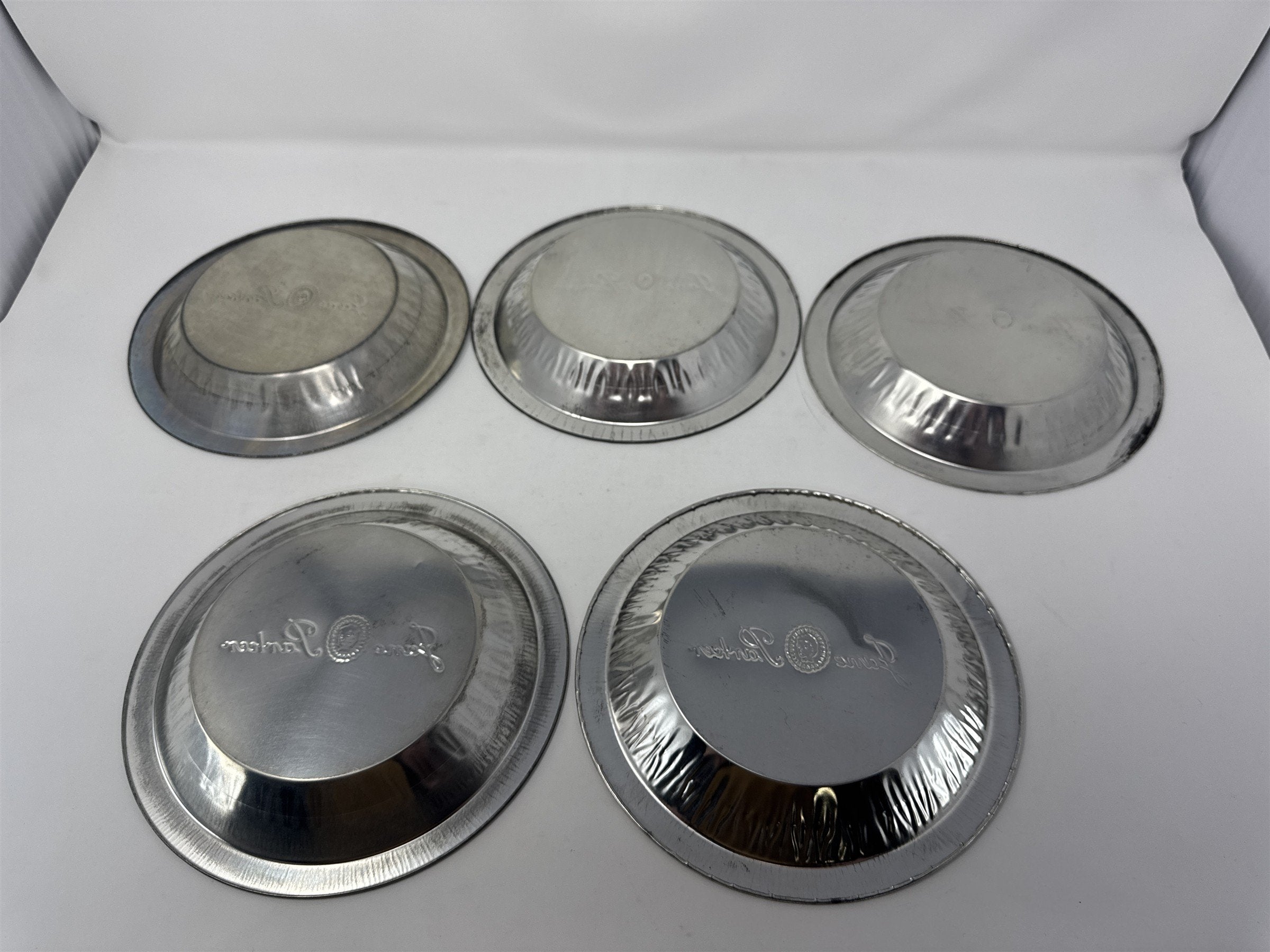Lot of 5 Vtg Jane Parke Aluminum Pie Plates 8" Metal Baking Tins Stamped Retro
