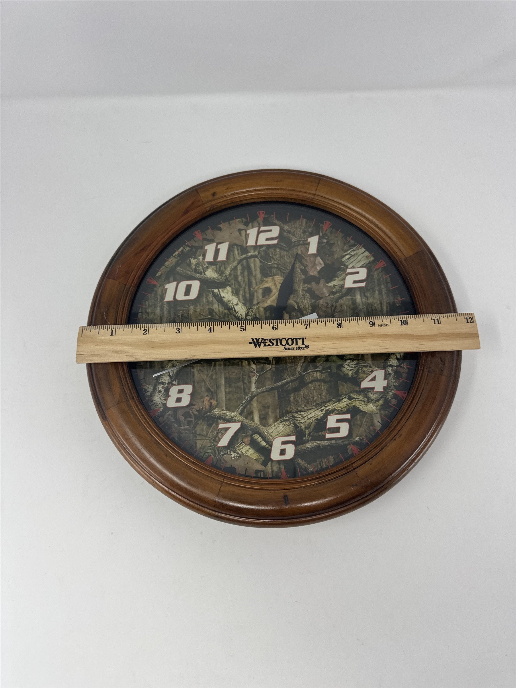 Vtg 12" Camo Wall Clock Wood Frame Forest Trees Hunter Cabin Decor Quartz