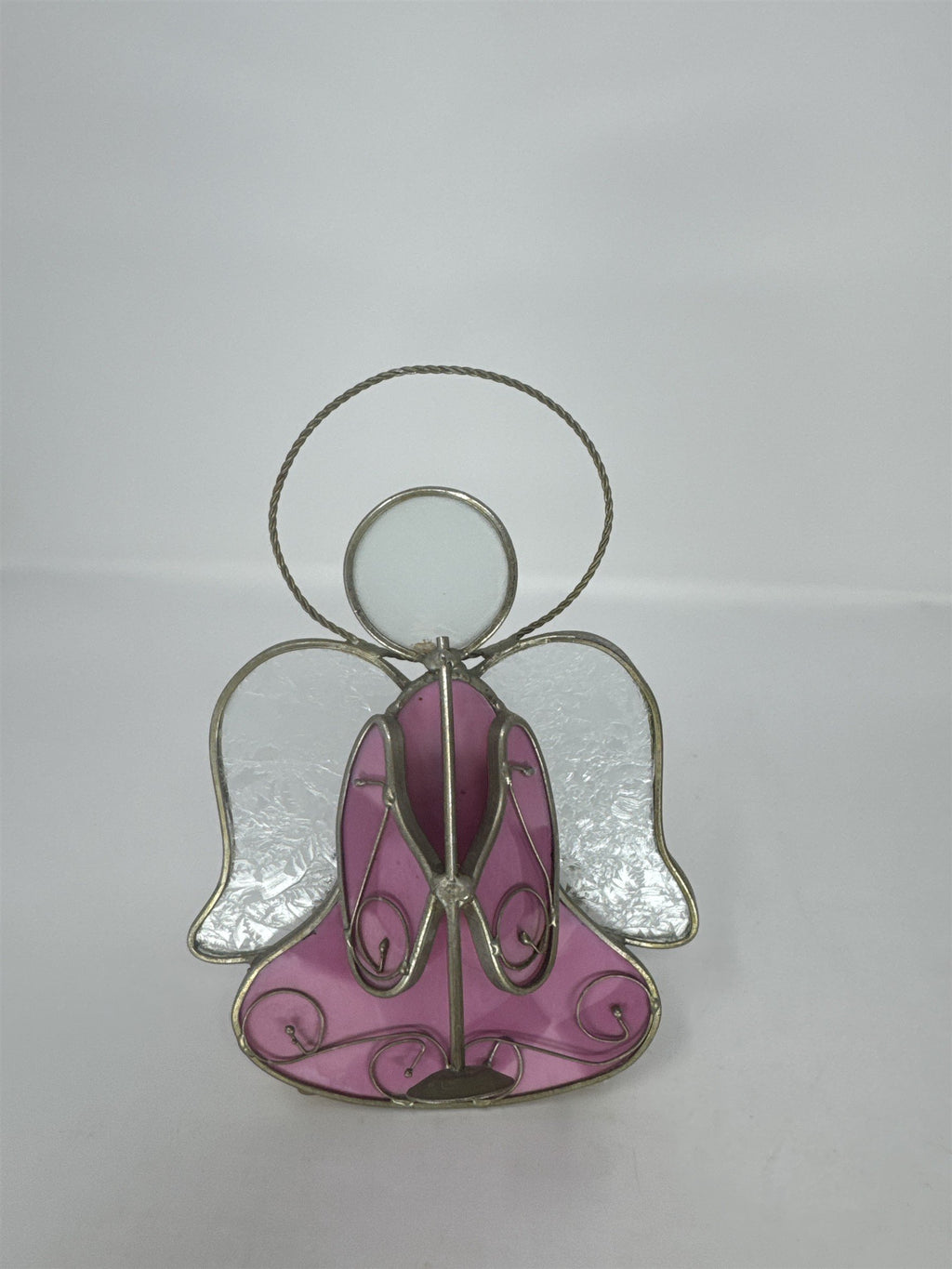 Vtg Stained Glass Angel Figurine Pink Frosted Wings Metal Tea Light Holder