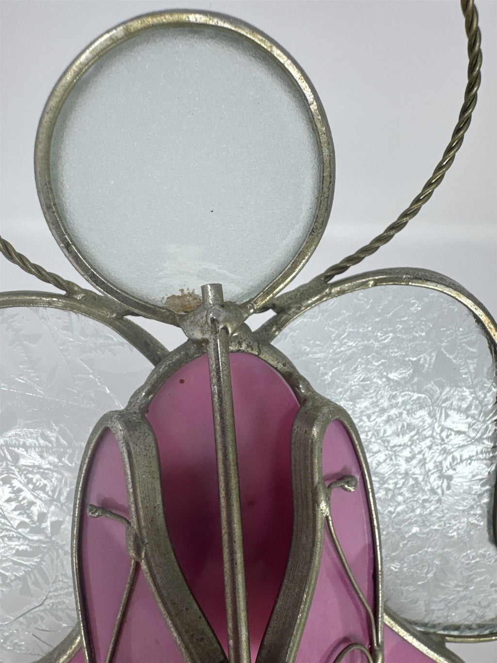 Vtg Stained Glass Angel Figurine Pink Frosted Wings Metal Tea Light Holder