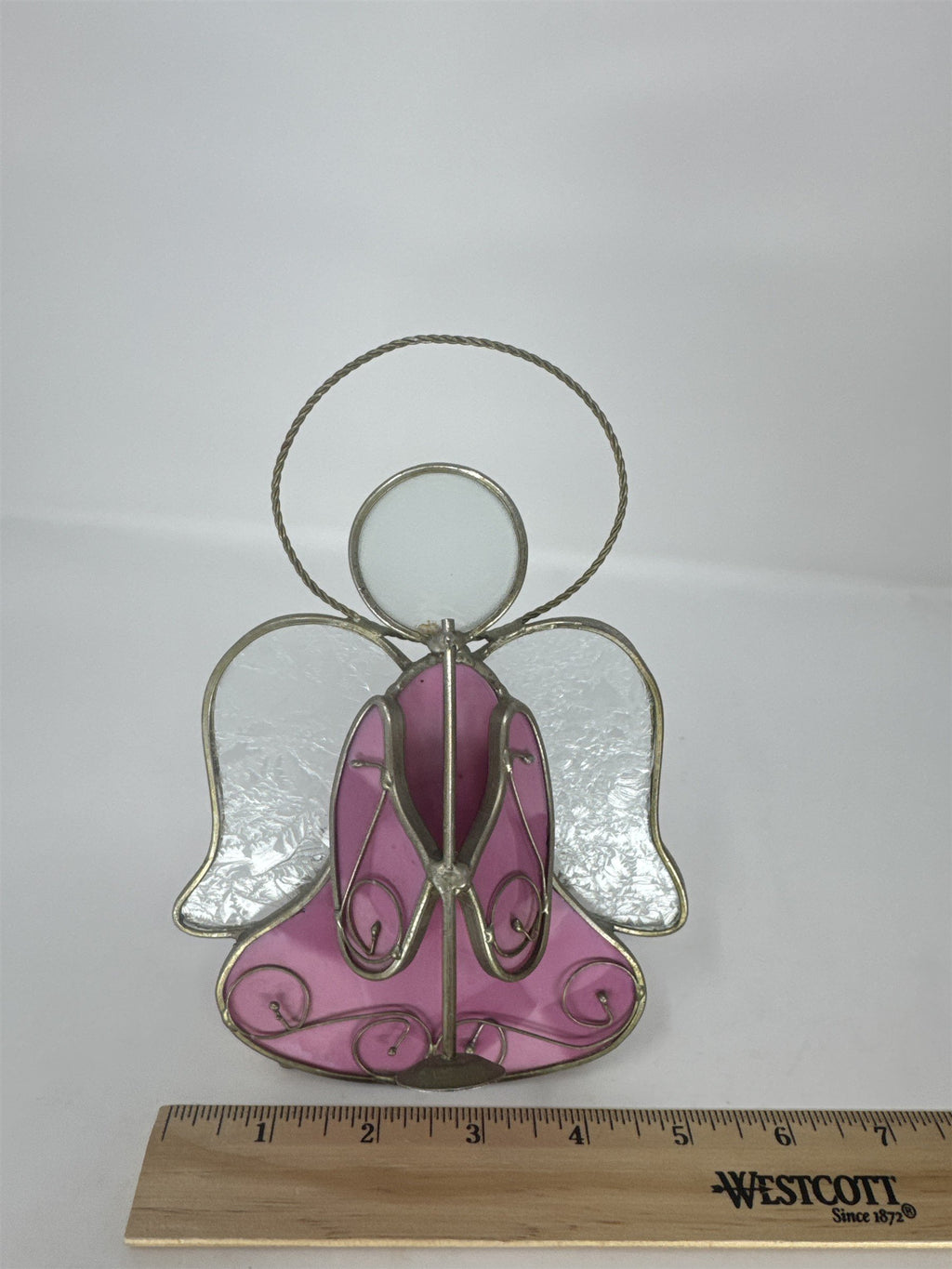Vtg Stained Glass Angel Figurine Pink Frosted Wings Metal Tea Light Holder