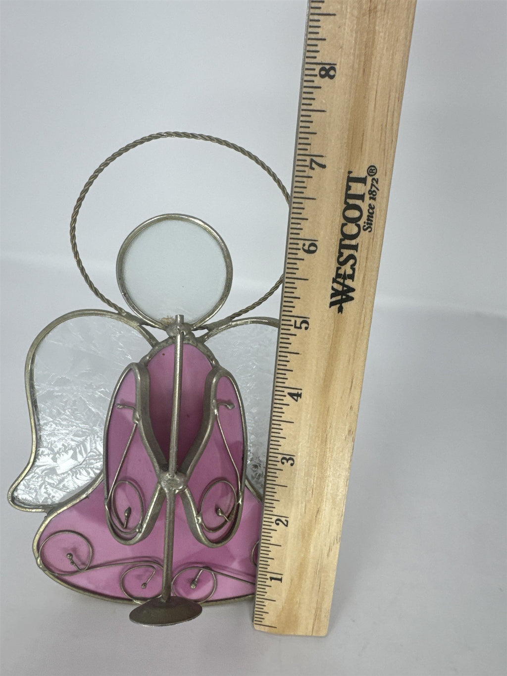 Vtg Stained Glass Angel Figurine Pink Frosted Wings Metal Tea Light Holder
