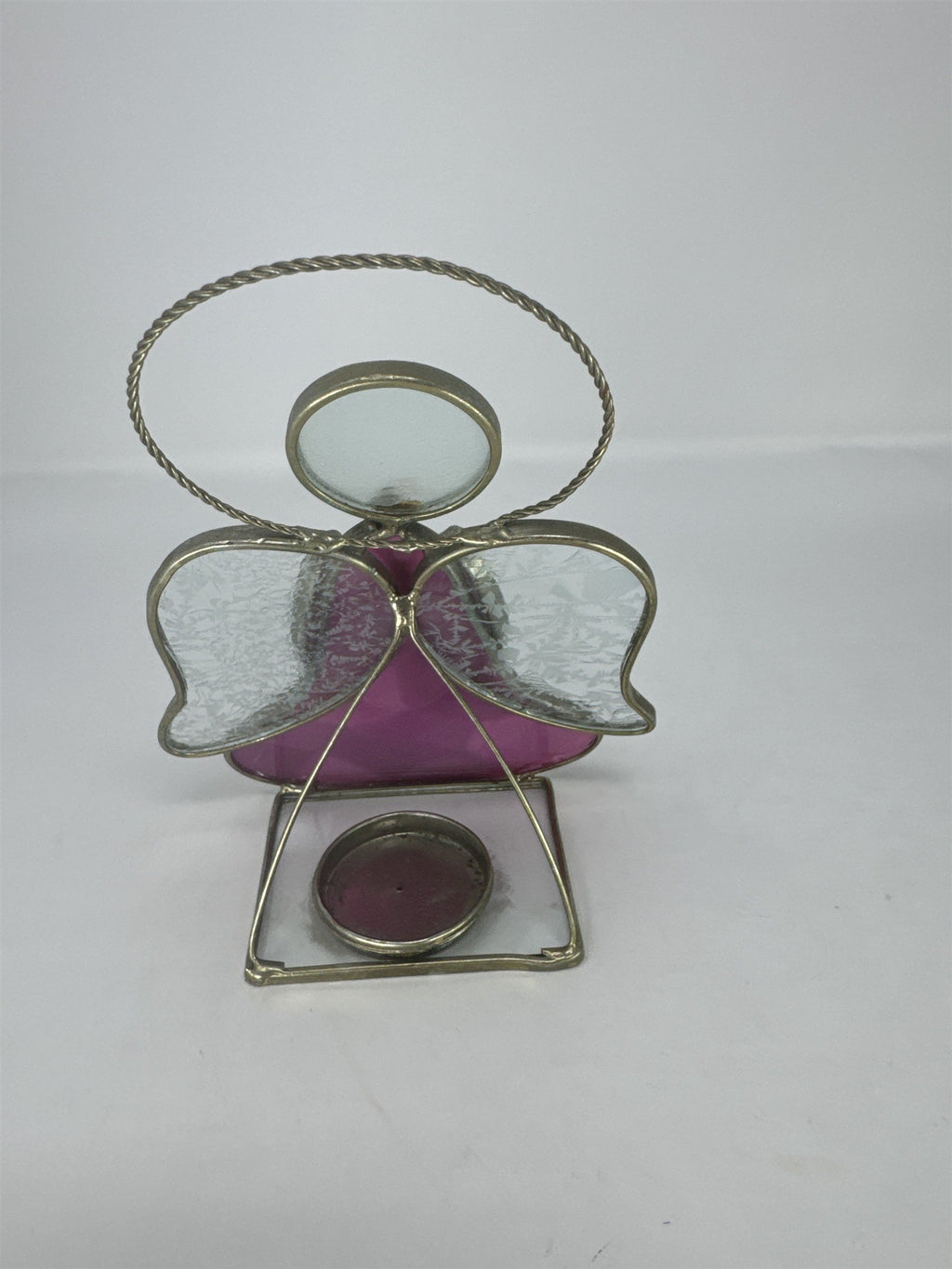 Vtg Stained Glass Angel Figurine Pink Frosted Wings Metal Tea Light Holder
