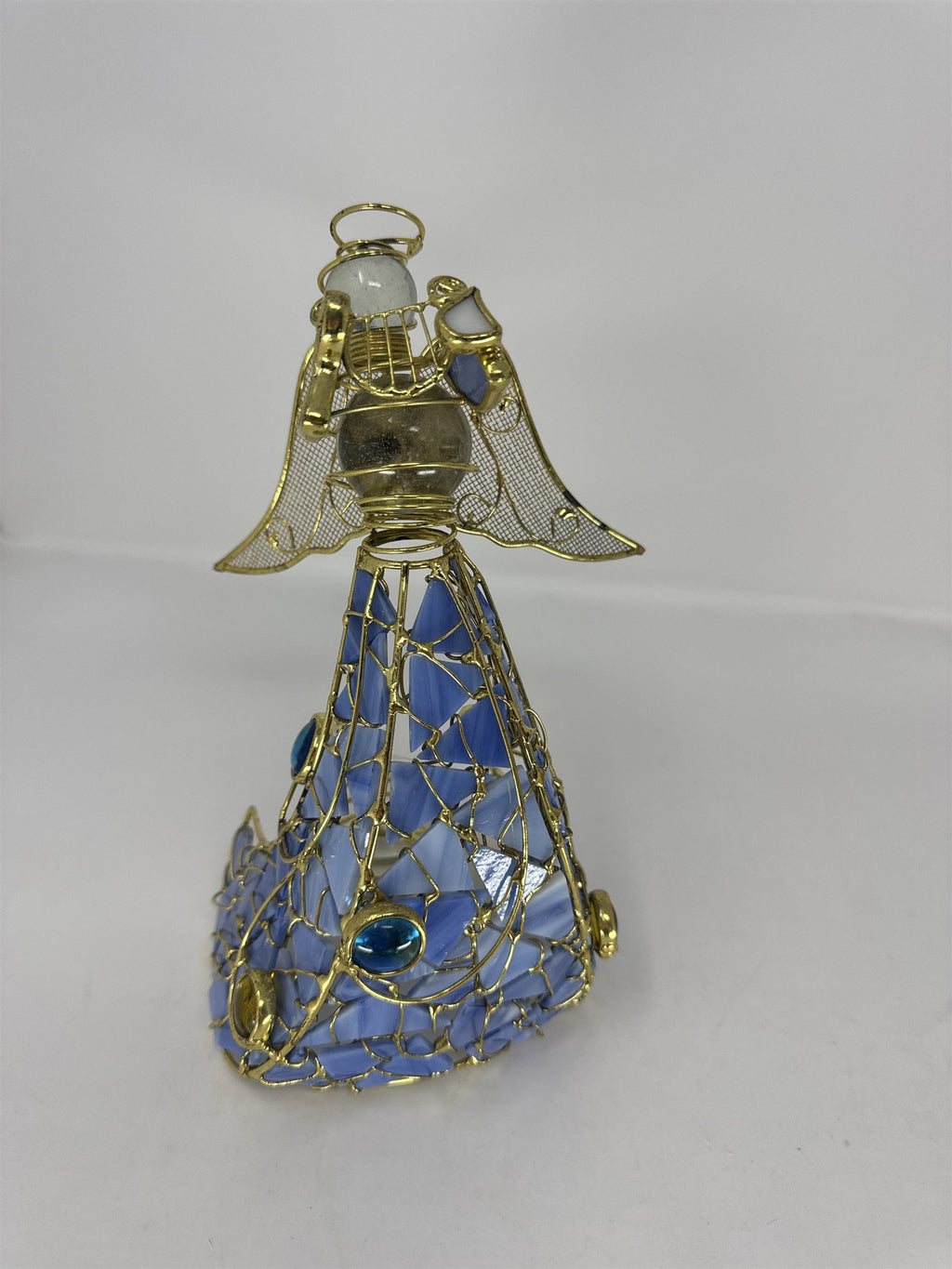 Vtg Blue Stained Glass Angel Figurine Frosted Wings Metal Tea Light Holder