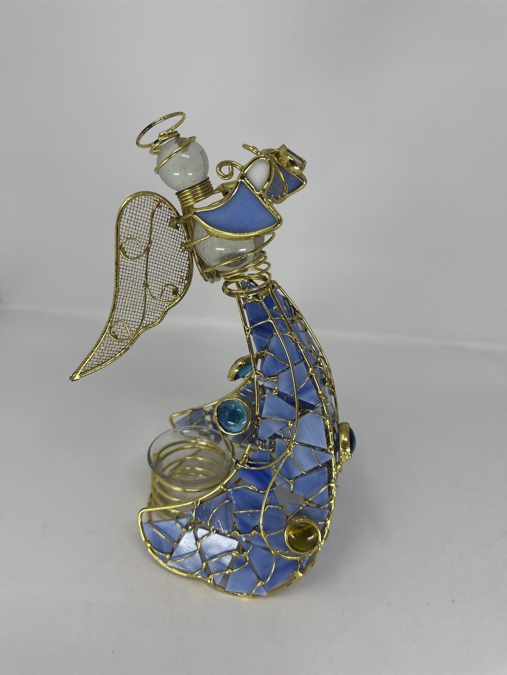 Vtg Blue Stained Glass Angel Figurine Frosted Wings Metal Tea Light Holder