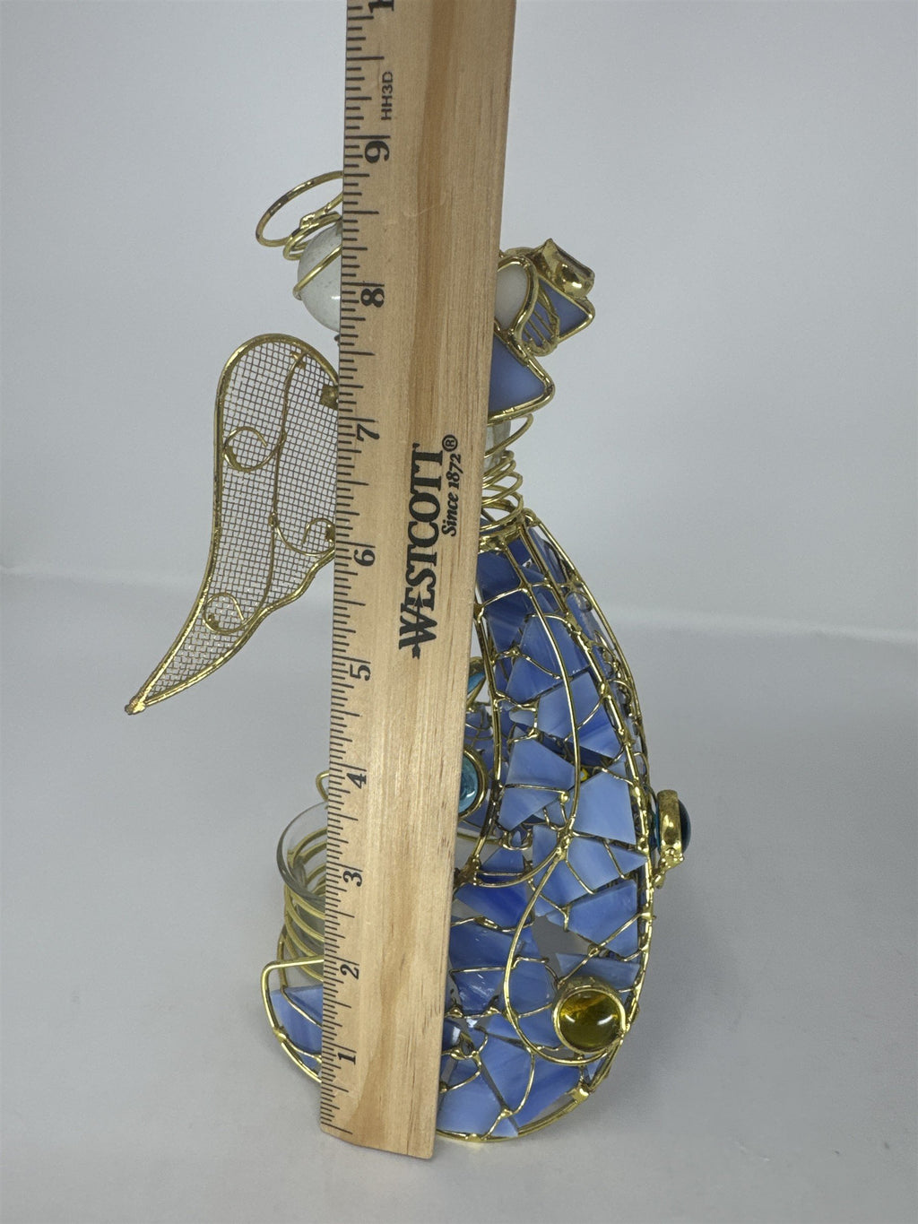 Vtg Blue Stained Glass Angel Figurine Frosted Wings Metal Tea Light Holder