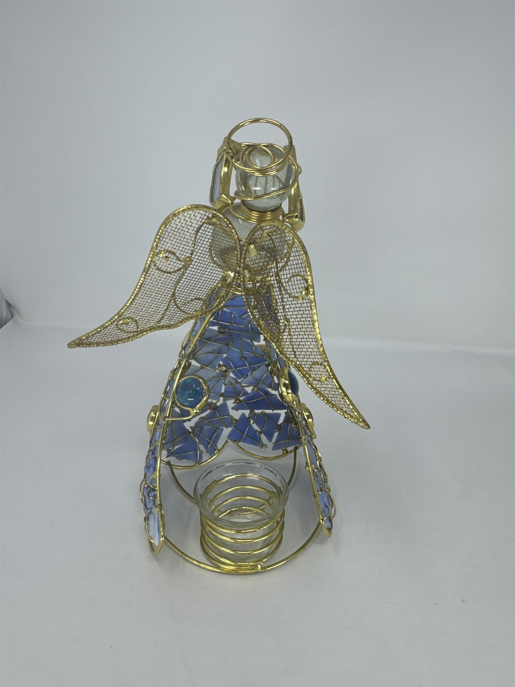 Vtg Blue Stained Glass Angel Figurine Frosted Wings Metal Tea Light Holder
