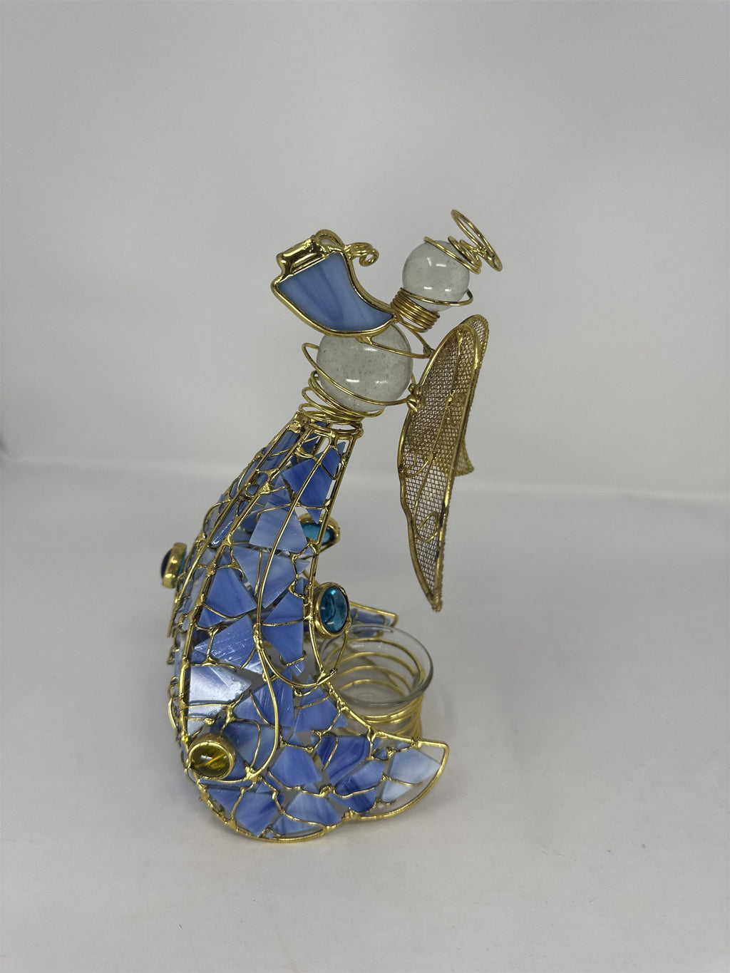 Vtg Blue Stained Glass Angel Figurine Frosted Wings Metal Tea Light Holder