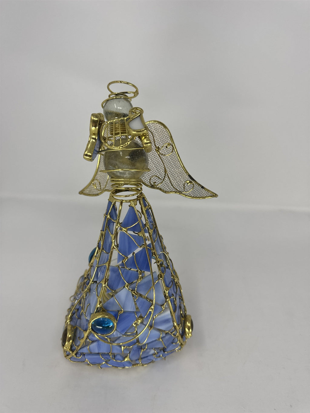 Vtg Blue Stained Glass Angel Figurine Frosted Wings Metal Tea Light Holder