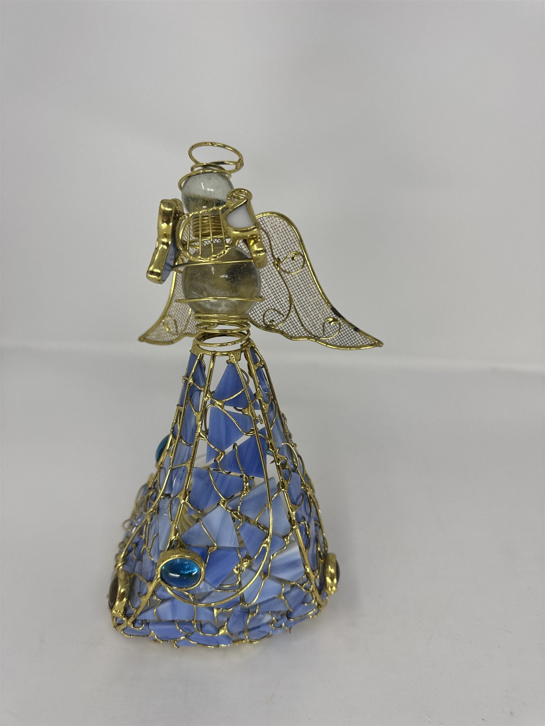 Vtg Blue Stained Glass Angel Figurine Frosted Wings Metal Tea Light Holder