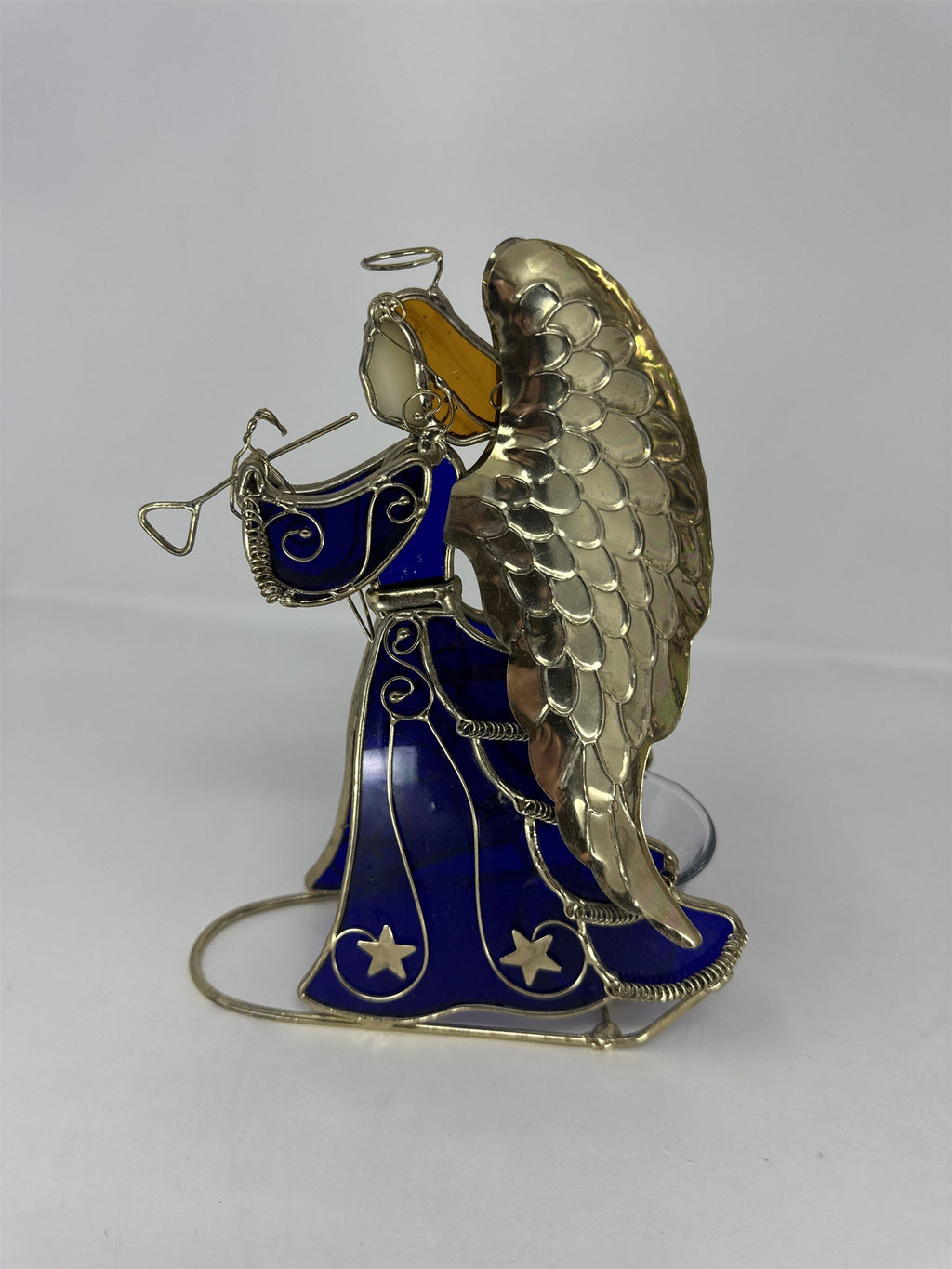 Vtg Blue Stained Glass Angel Figurine Golden Wings Metal Tea Light Holder