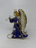 Vtg Blue Stained Glass Angel Figurine Golden Wings Metal Tea Light Holder