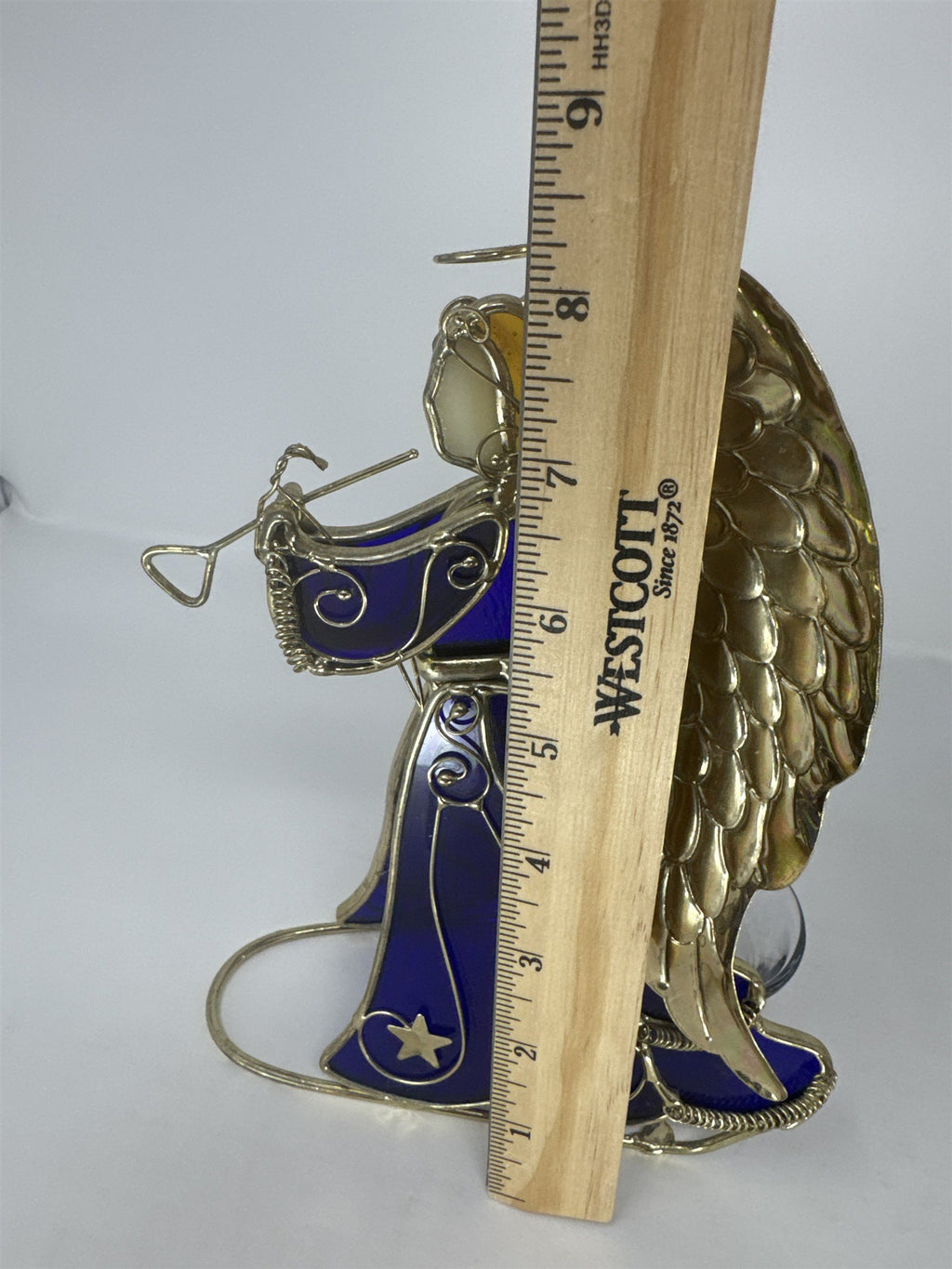Vtg Blue Stained Glass Angel Figurine Golden Wings Metal Tea Light Holder