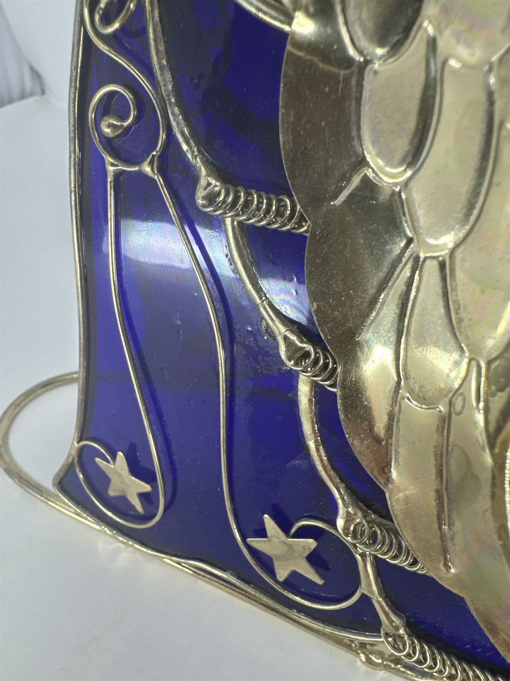 Vtg Blue Stained Glass Angel Figurine Golden Wings Metal Tea Light Holder
