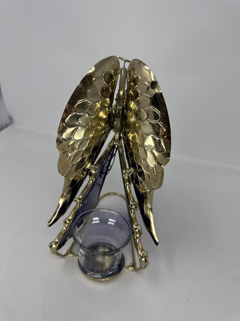 Vtg Blue Stained Glass Angel Figurine Golden Wings Metal Tea Light Holder