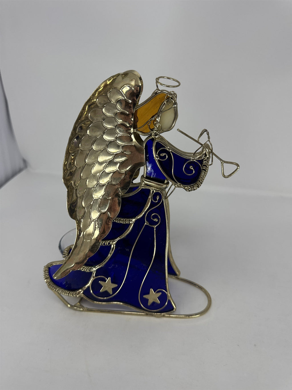 Vtg Blue Stained Glass Angel Figurine Golden Wings Metal Tea Light Holder