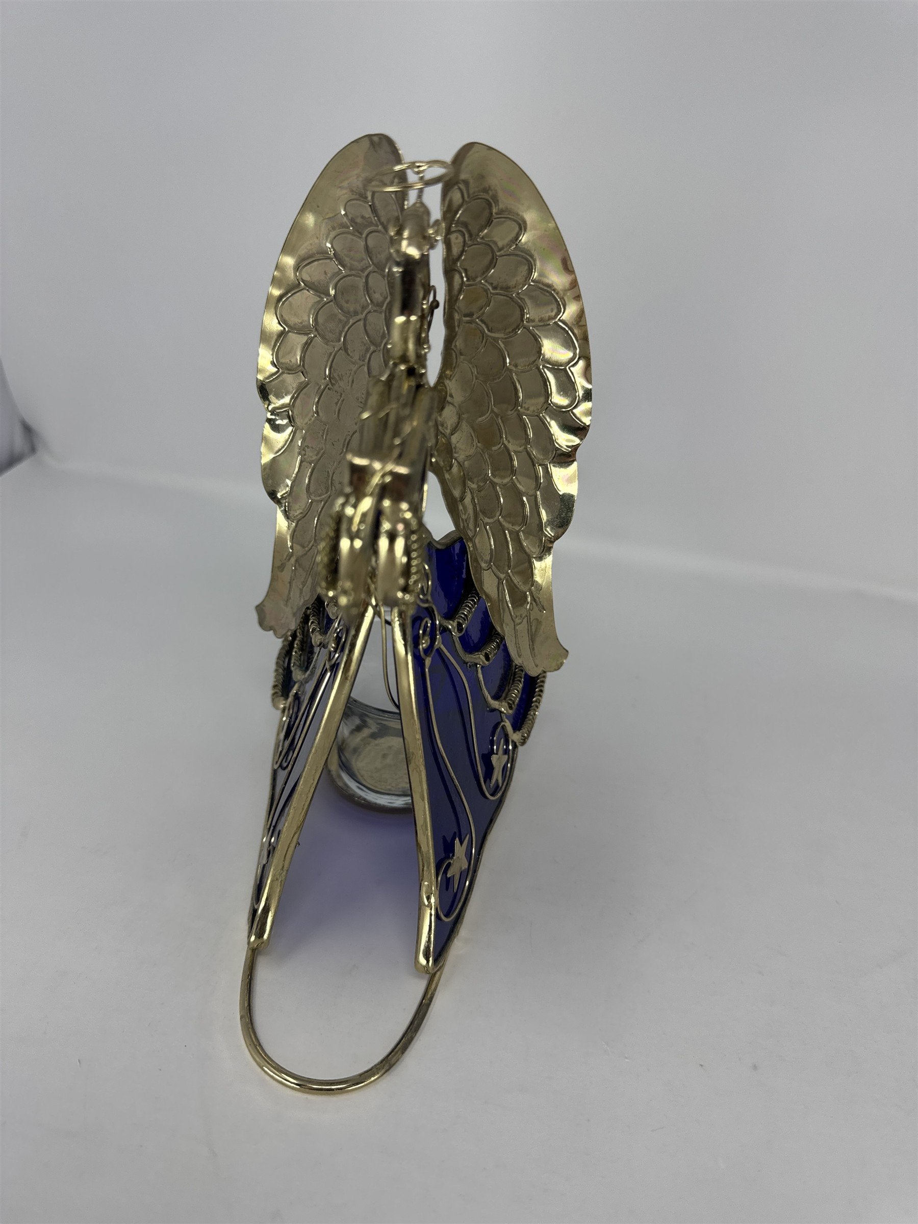 Vtg Blue Stained Glass Angel Figurine Golden Wings Metal Tea Light Holder