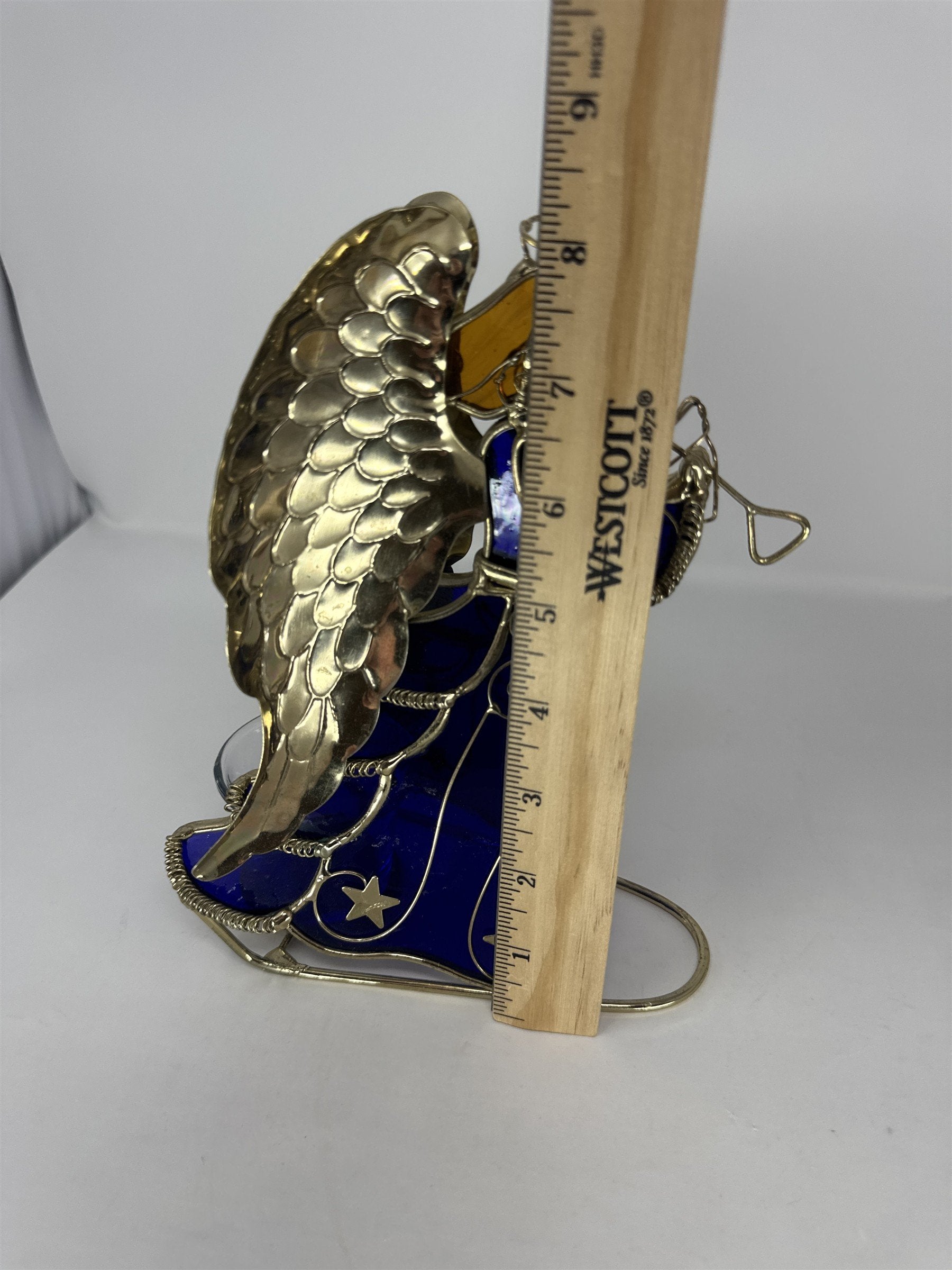Vtg Blue Stained Glass Angel Figurine Golden Wings Metal Tea Light Holder