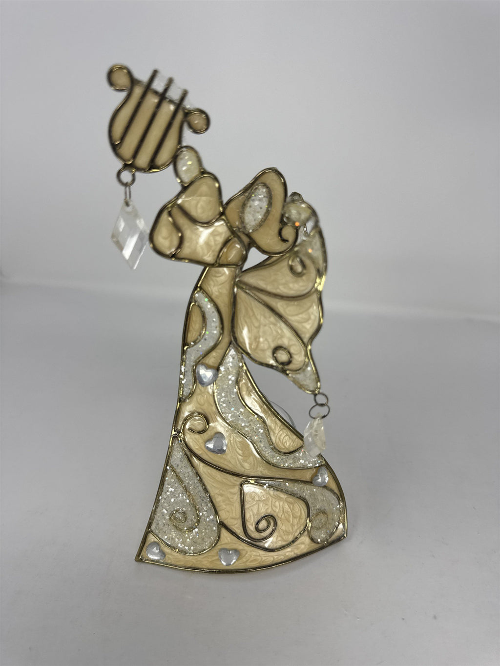 Vtg Stained Glass Angel Figurine With Wings Metal Tea Light Holder 5"