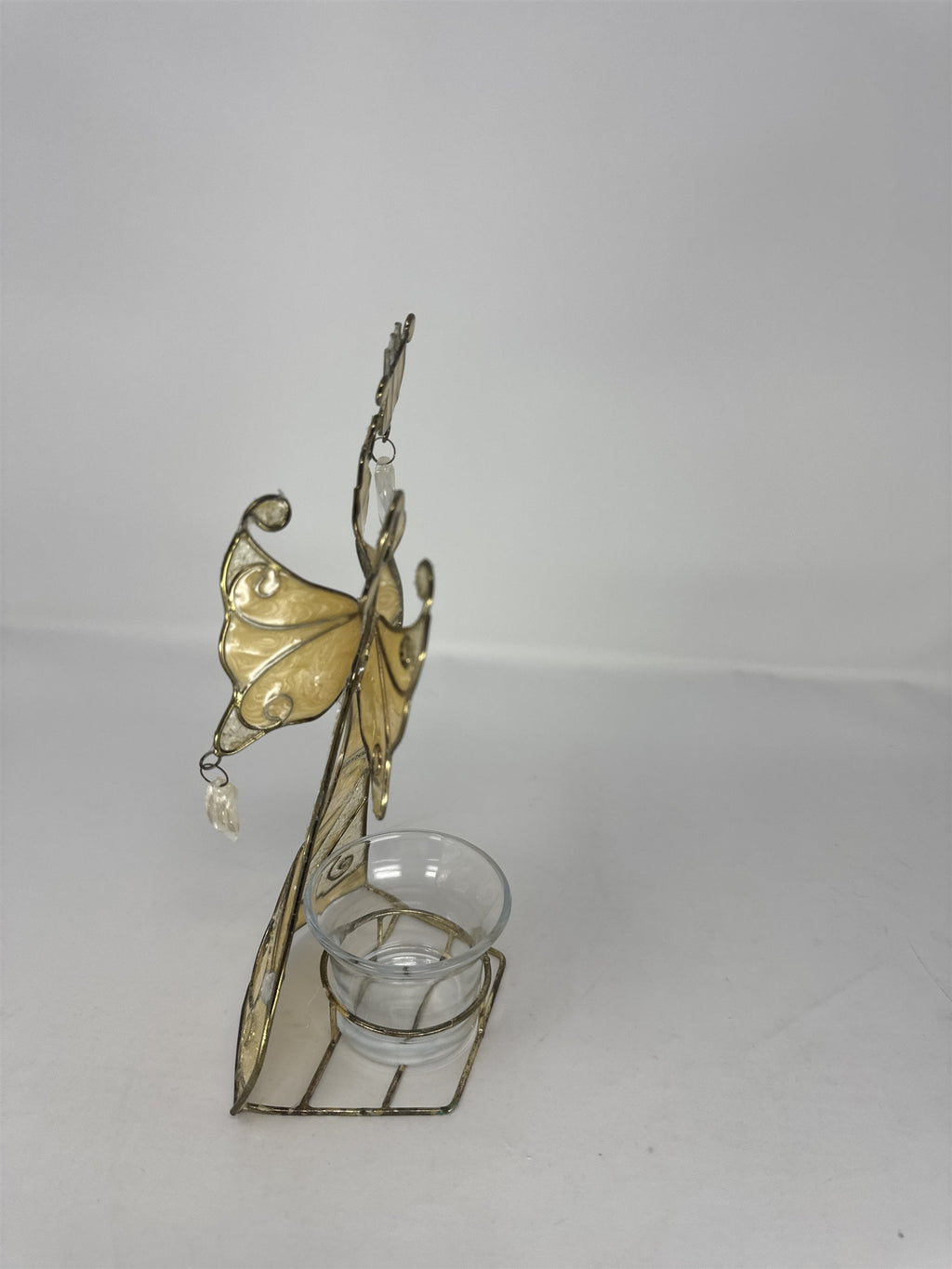 Vtg Stained Glass Angel Figurine With Wings Metal Tea Light Holder 5"