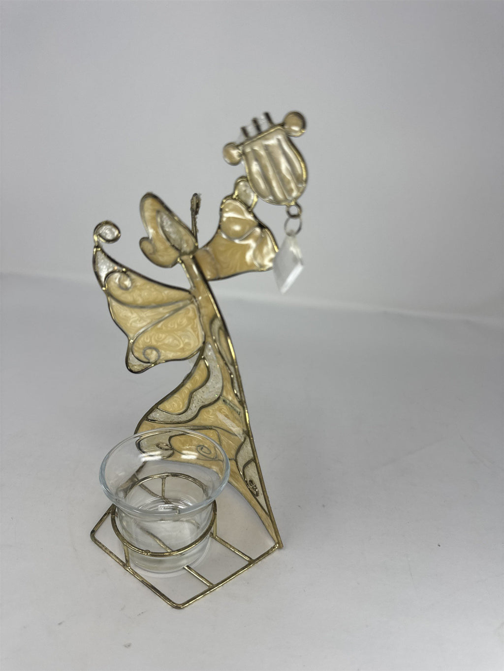 Vtg Stained Glass Angel Figurine With Wings Metal Tea Light Holder 5"