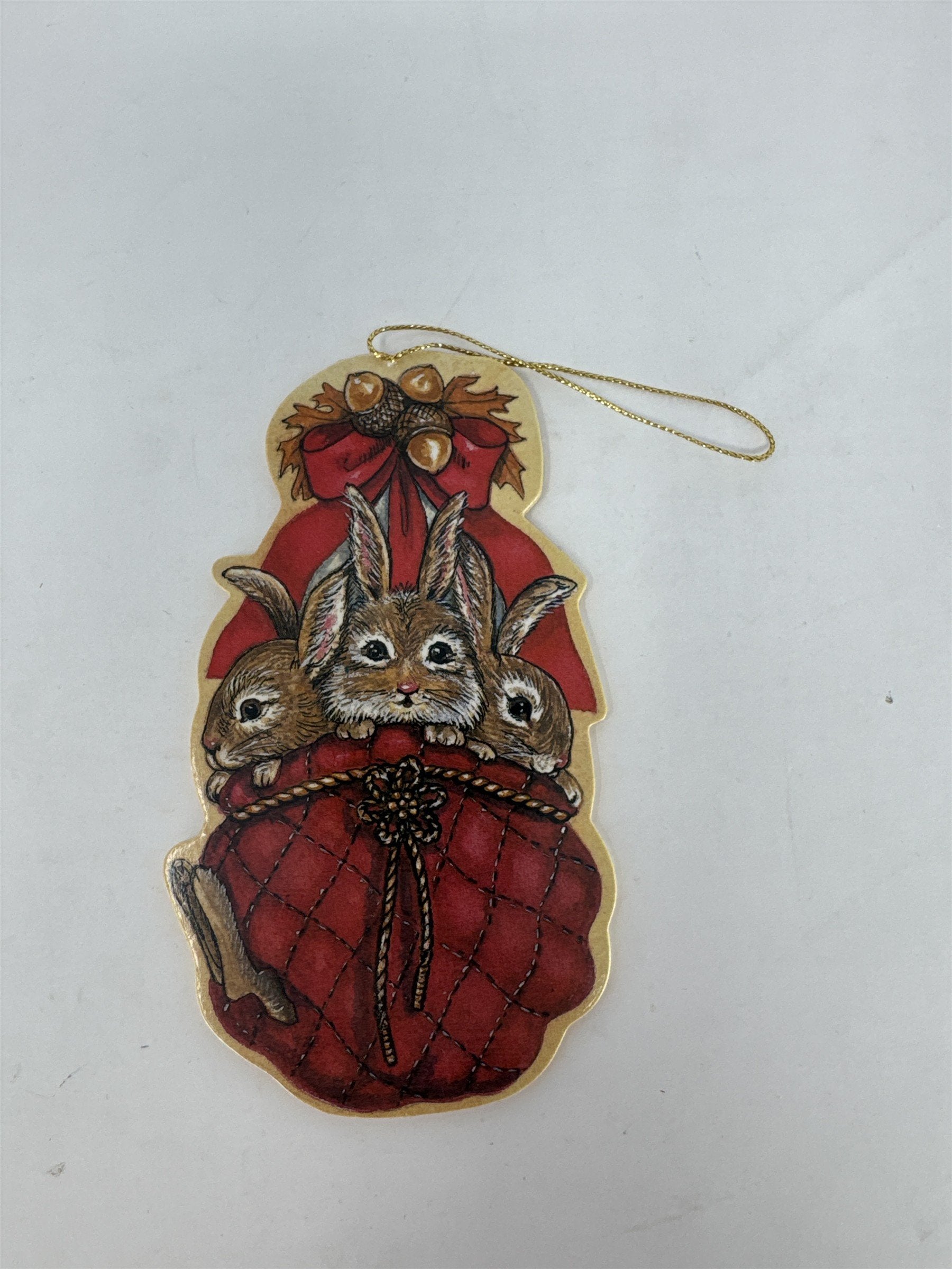 Vintage 1980s Wooden Christmas Ornament 3 Bunnies in Red Sack Acorns Taiwan