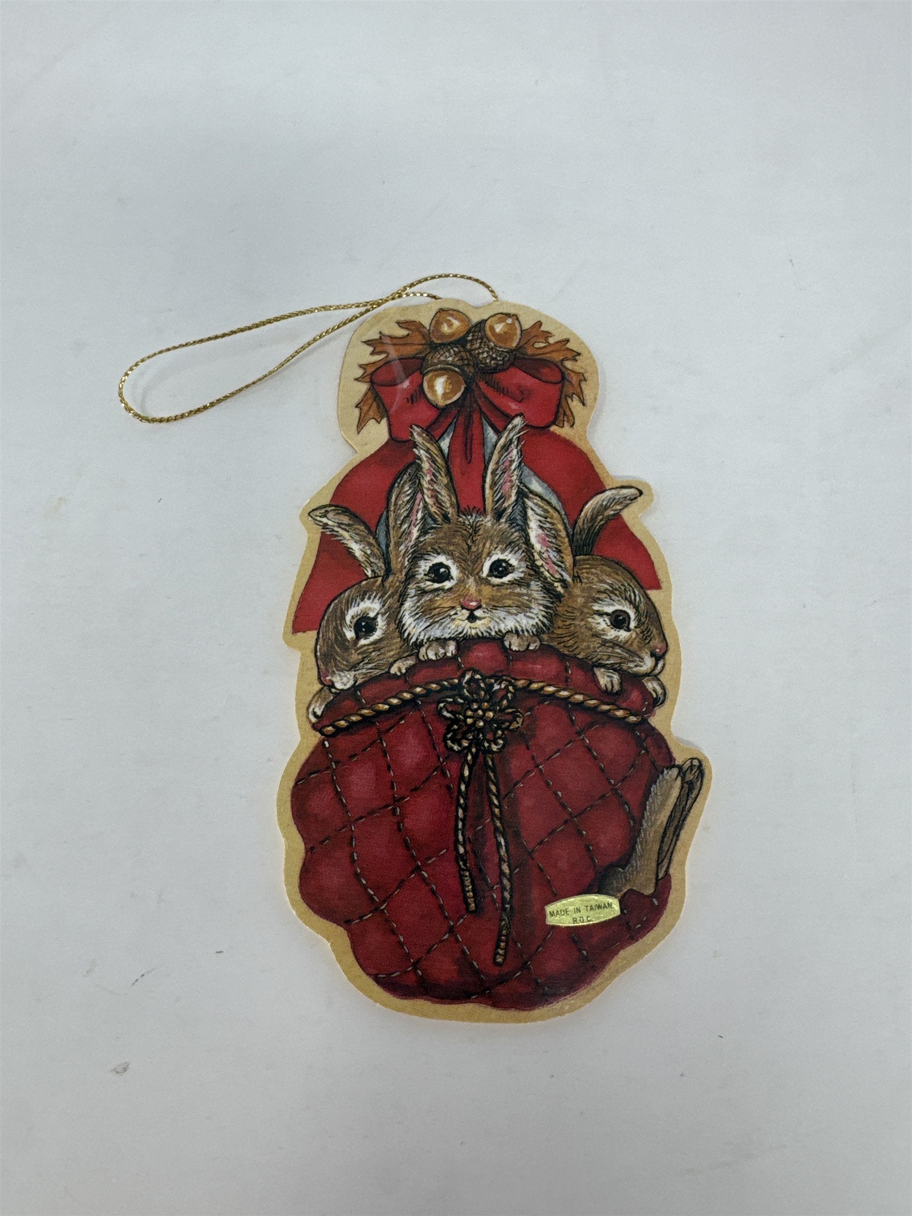 Vintage 1980s Wooden Christmas Ornament 3 Bunnies in Red Sack Acorns Taiwan