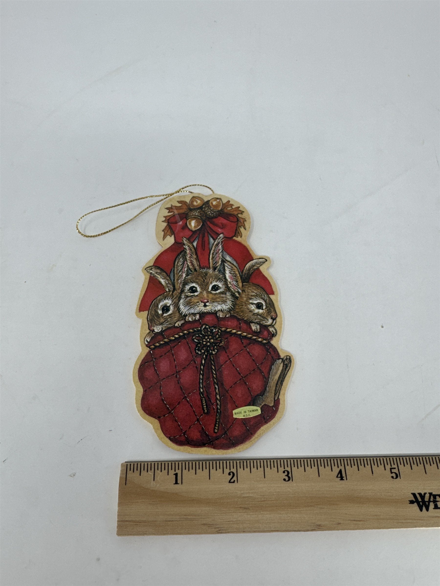 Vintage 1980s Wooden Christmas Ornament 3 Bunnies in Red Sack Acorns Taiwan