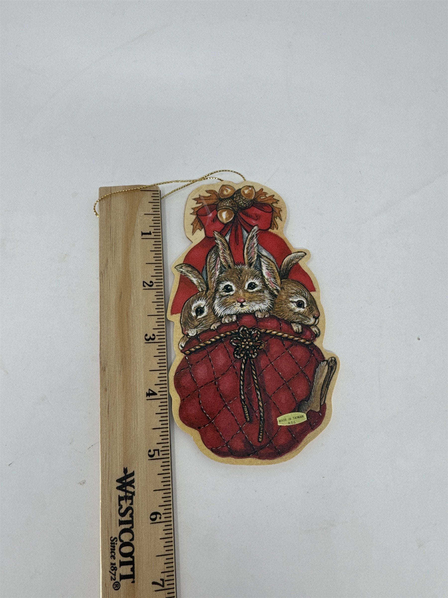 Vintage 1980s Wooden Christmas Ornament 3 Bunnies in Red Sack Acorns Taiwan