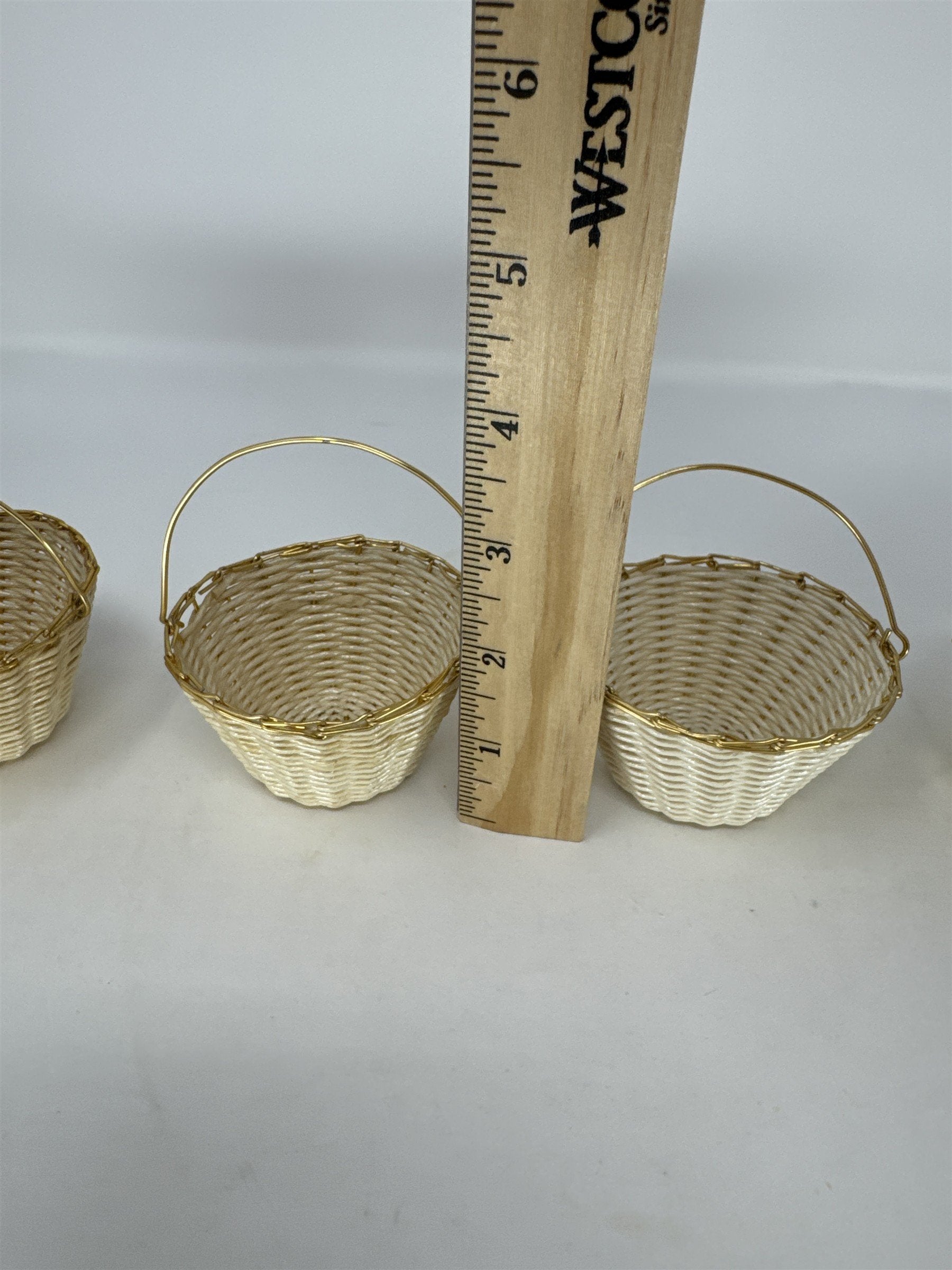 Set of 4 Miniature White Wicker Baskets Gold Wire Handle Dollhouse Decor