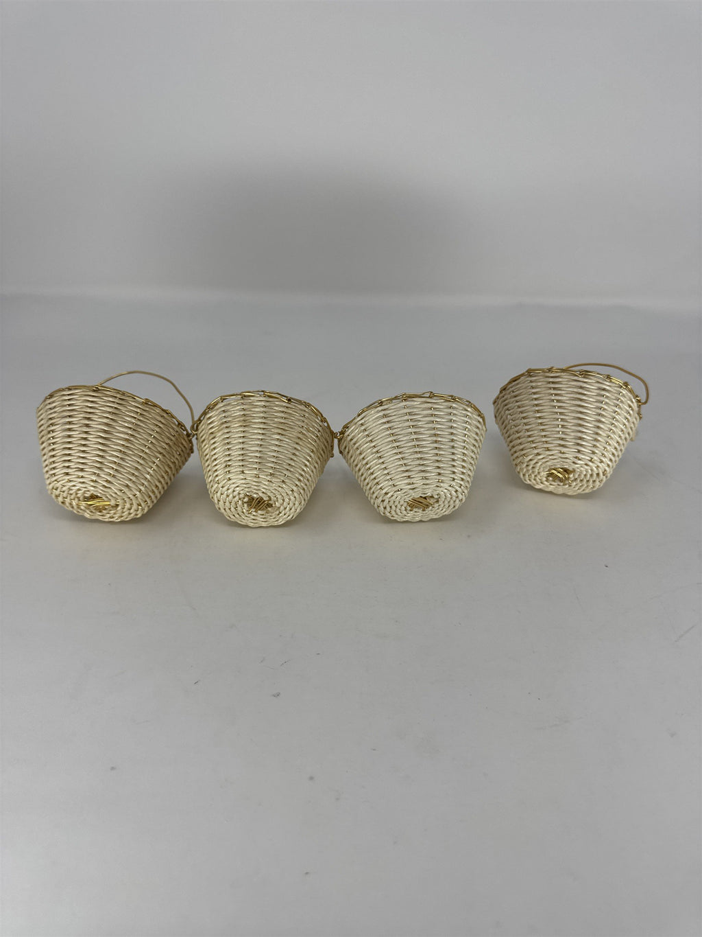 Set of 4 Miniature White Wicker Baskets Gold Wire Handle Dollhouse Decor