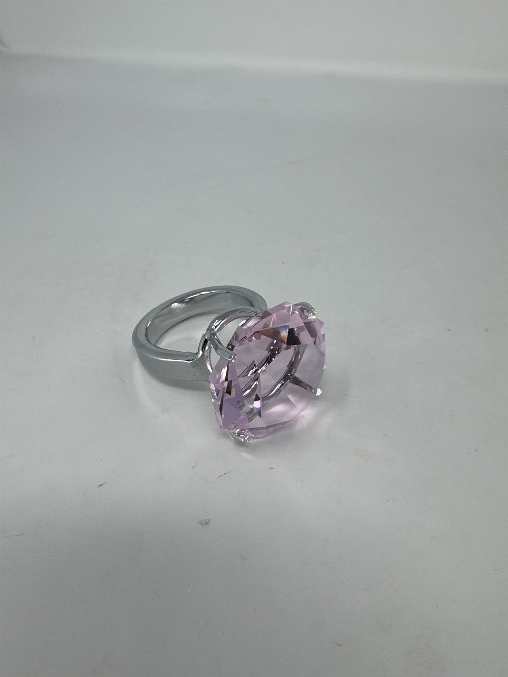 Oversized Pink Faux Diamond Ring Paperweight Decor 2" Glass Gem Silver Base