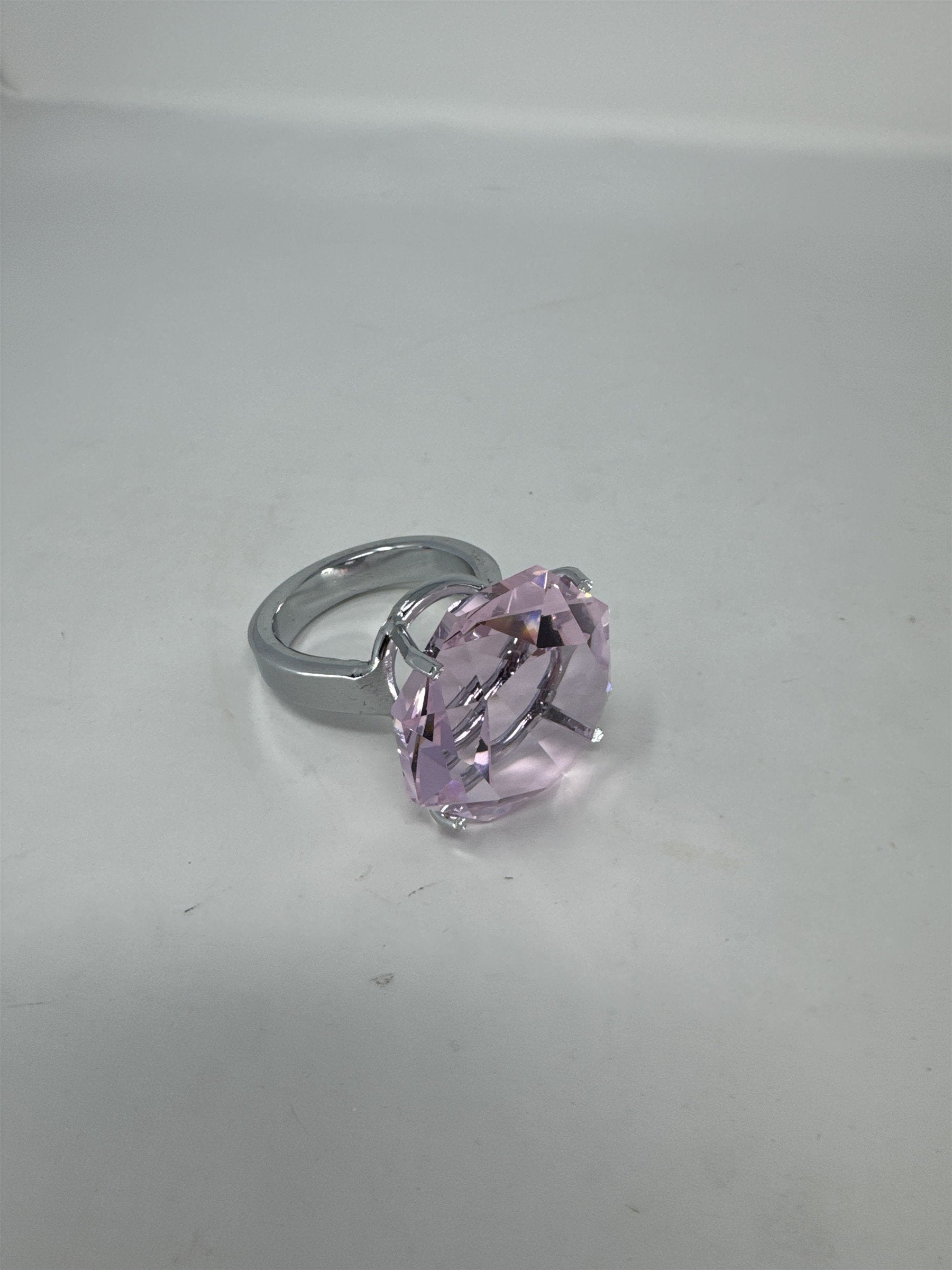 Oversized Pink Faux Diamond Ring Paperweight Decor 2" Glass Gem Silver Base