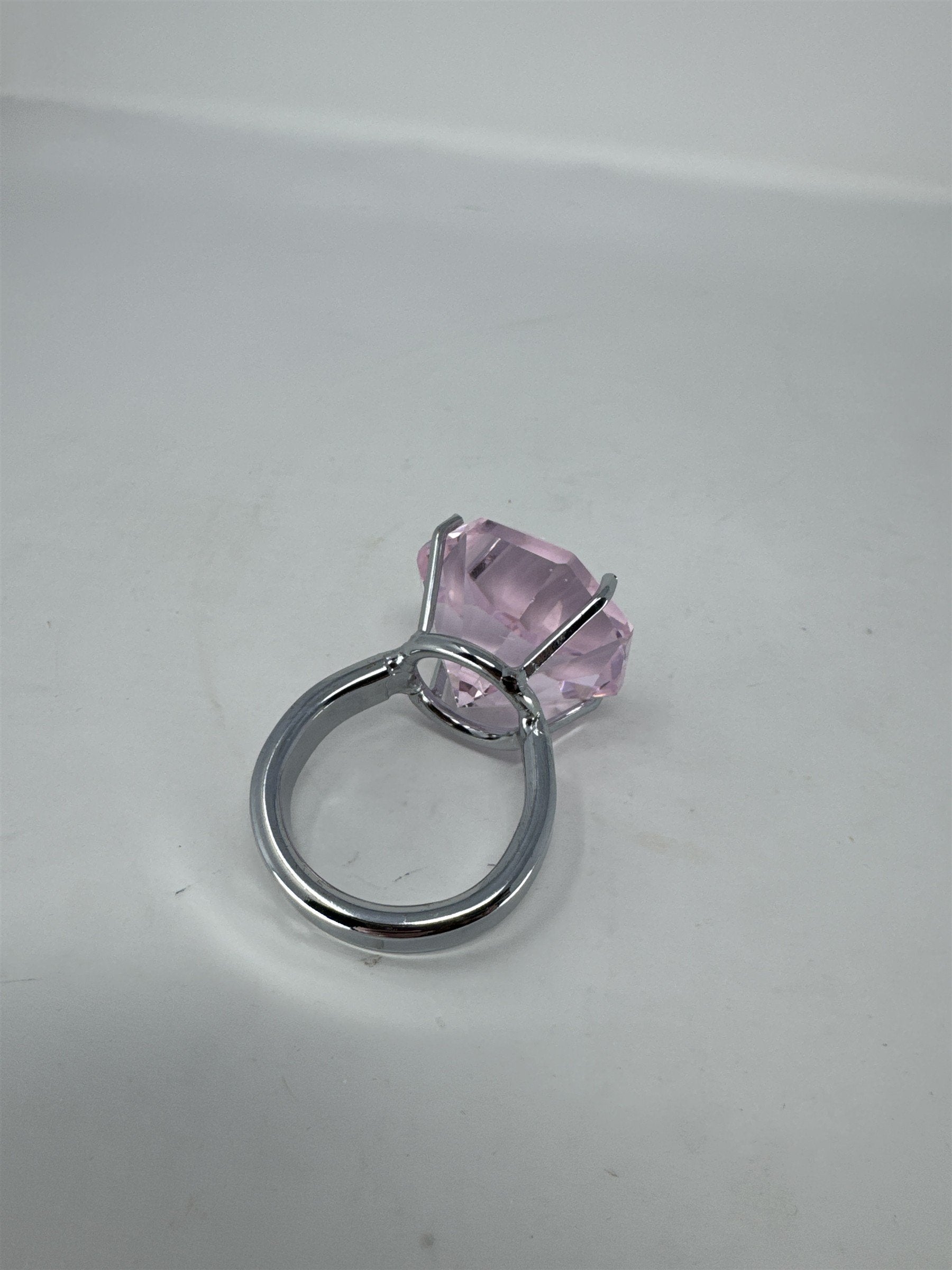 Oversized Pink Faux Diamond Ring Paperweight Decor 2" Glass Gem Silver Base