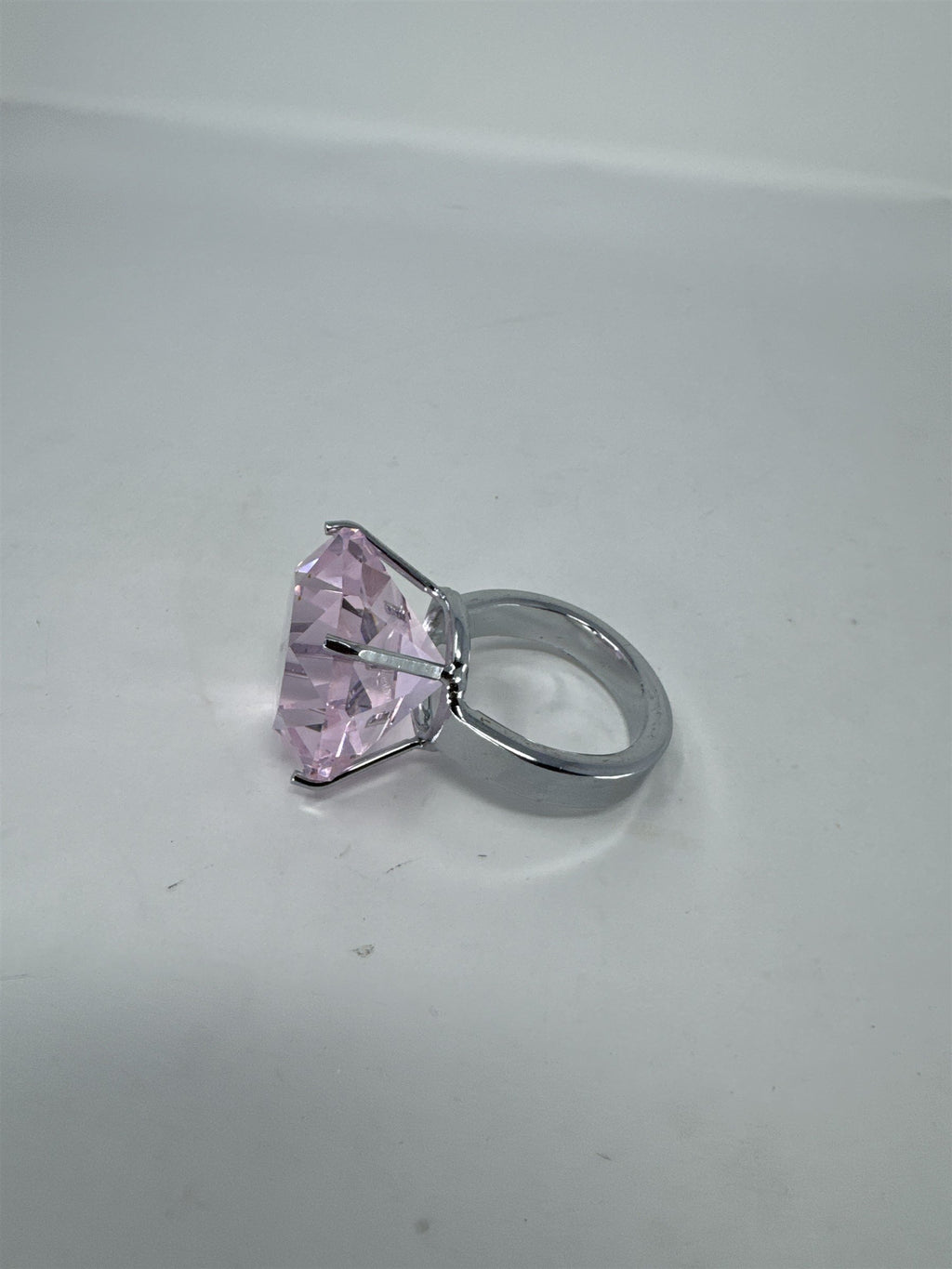 Oversized Pink Faux Diamond Ring Paperweight Decor 2" Glass Gem Silver Base