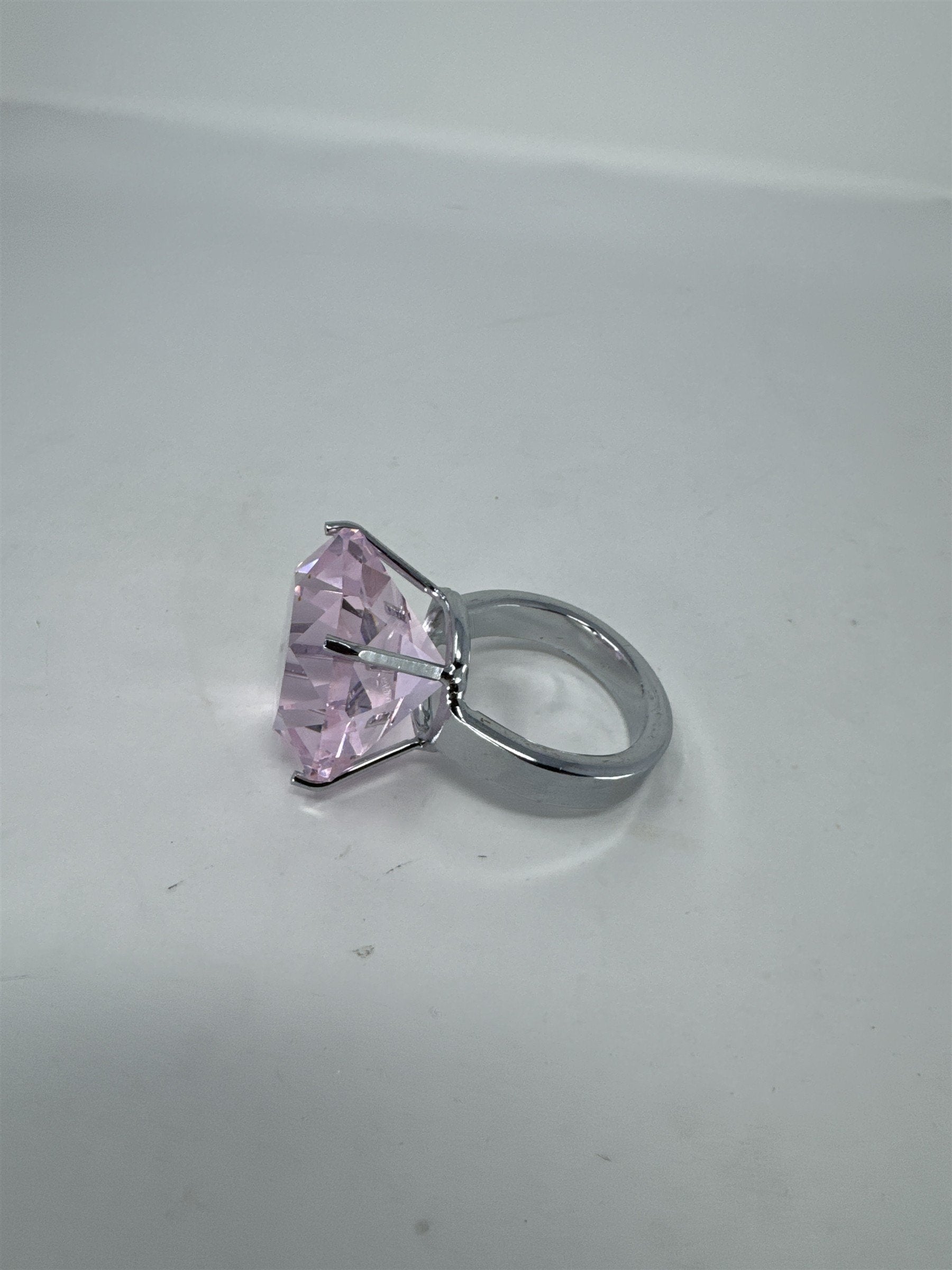 Oversized Pink Faux Diamond Ring Paperweight Decor 2" Glass Gem Silver Base