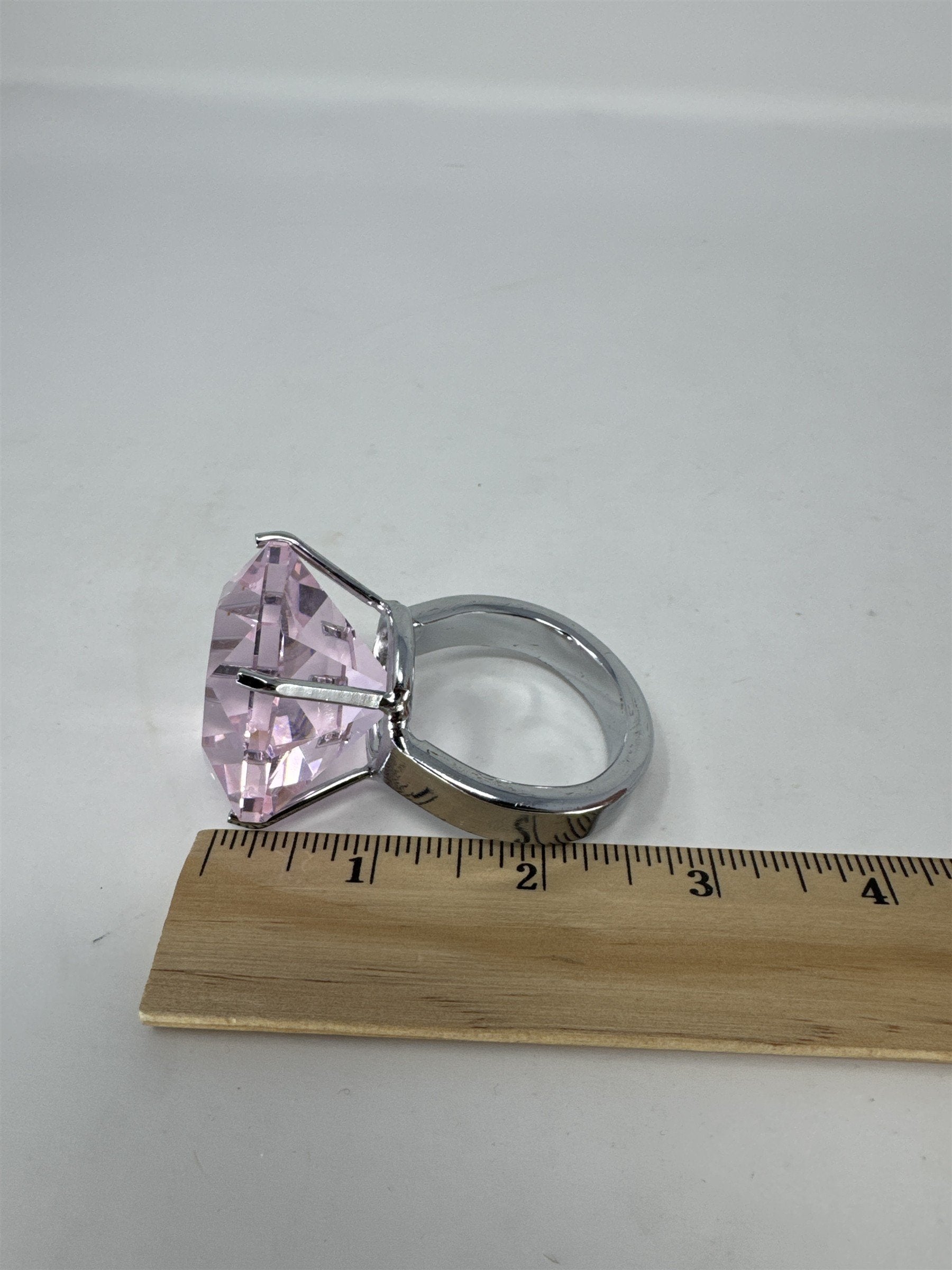 Oversized Pink Faux Diamond Ring Paperweight Decor 2" Glass Gem Silver Base