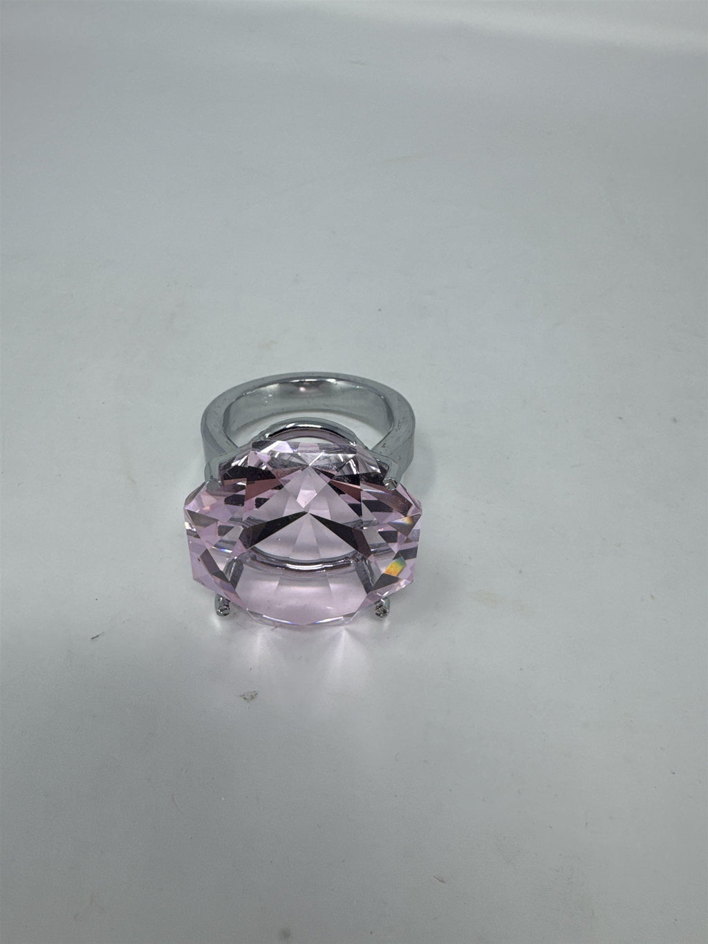 Oversized Pink Faux Diamond Ring Paperweight Decor 2" Glass Gem Silver Base