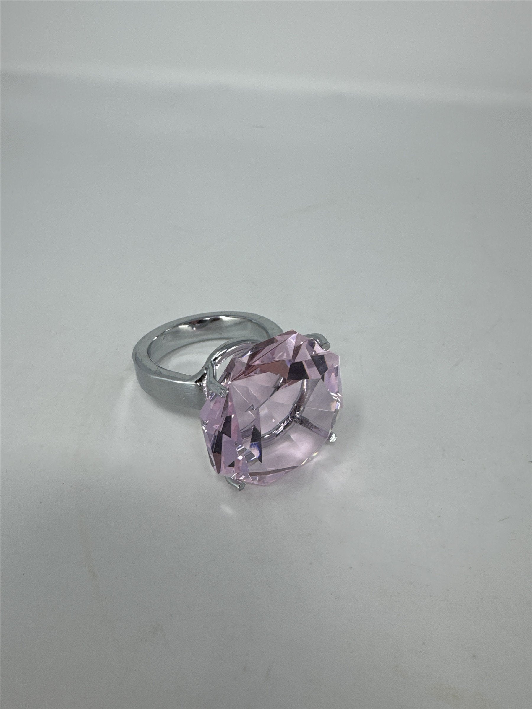 Oversized 2" Pink Faux Diamond Ring Paperweight Decor Glass Gem Silver Base