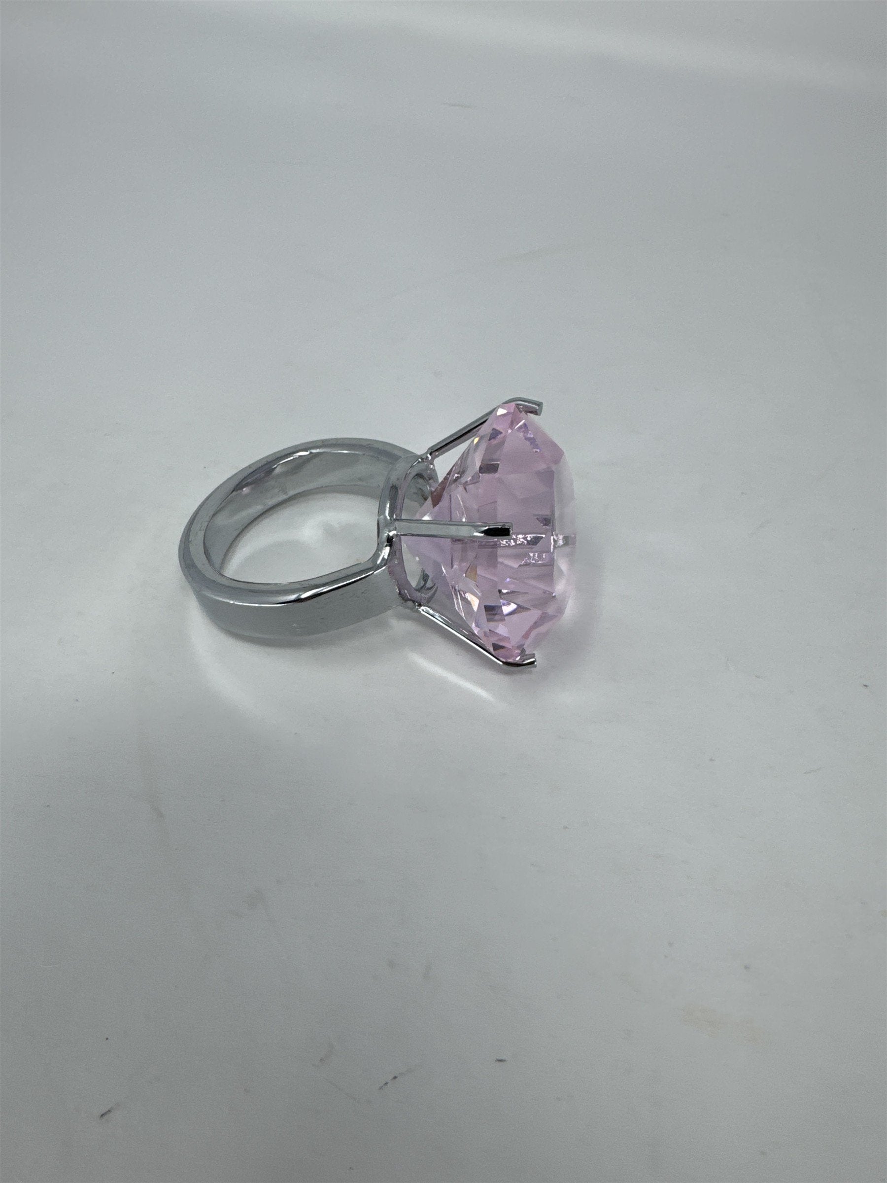 Oversized 2" Pink Faux Diamond Ring Paperweight Decor Glass Gem Silver Base