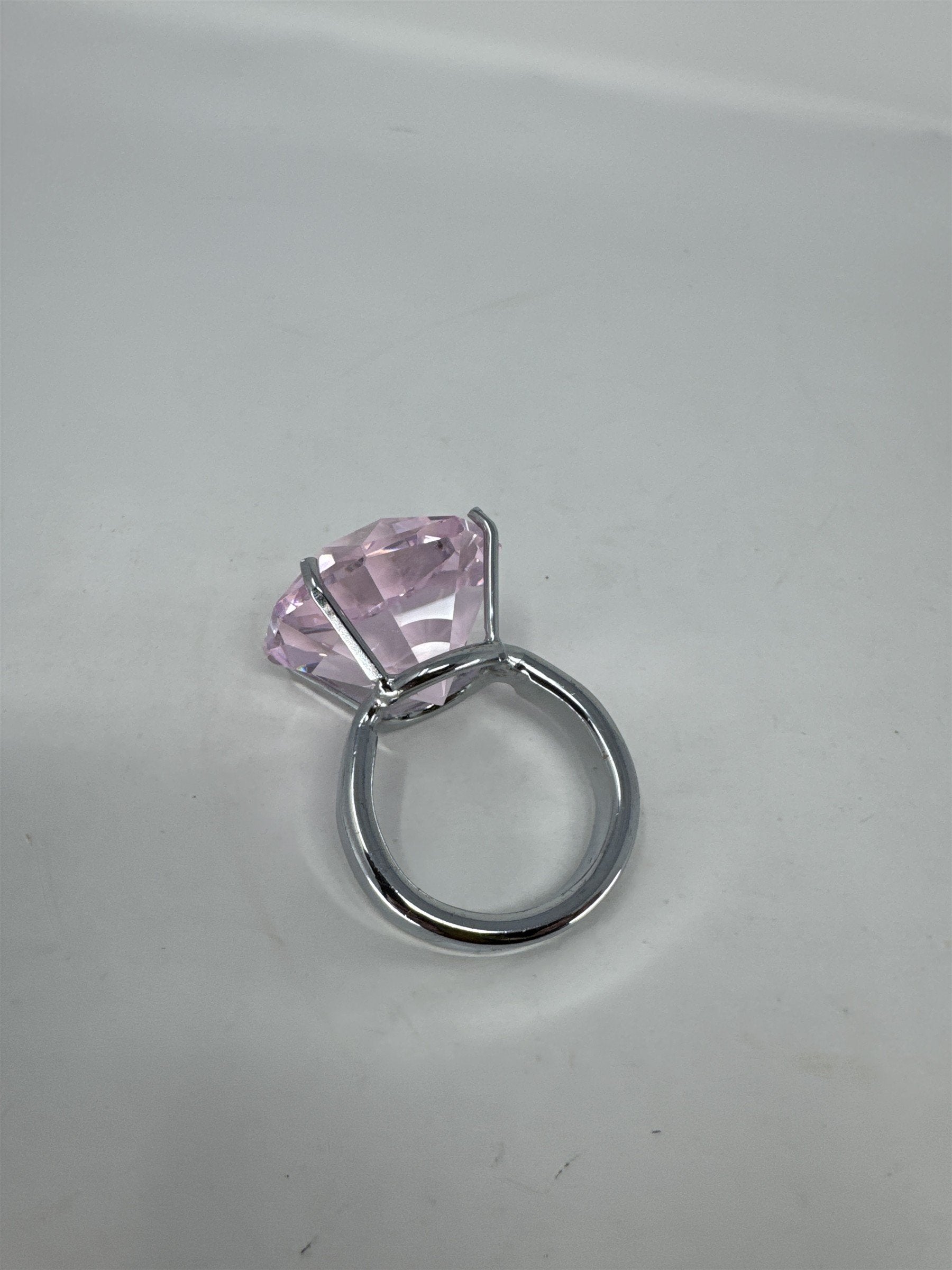 Oversized 2" Pink Faux Diamond Ring Paperweight Decor Glass Gem Silver Base
