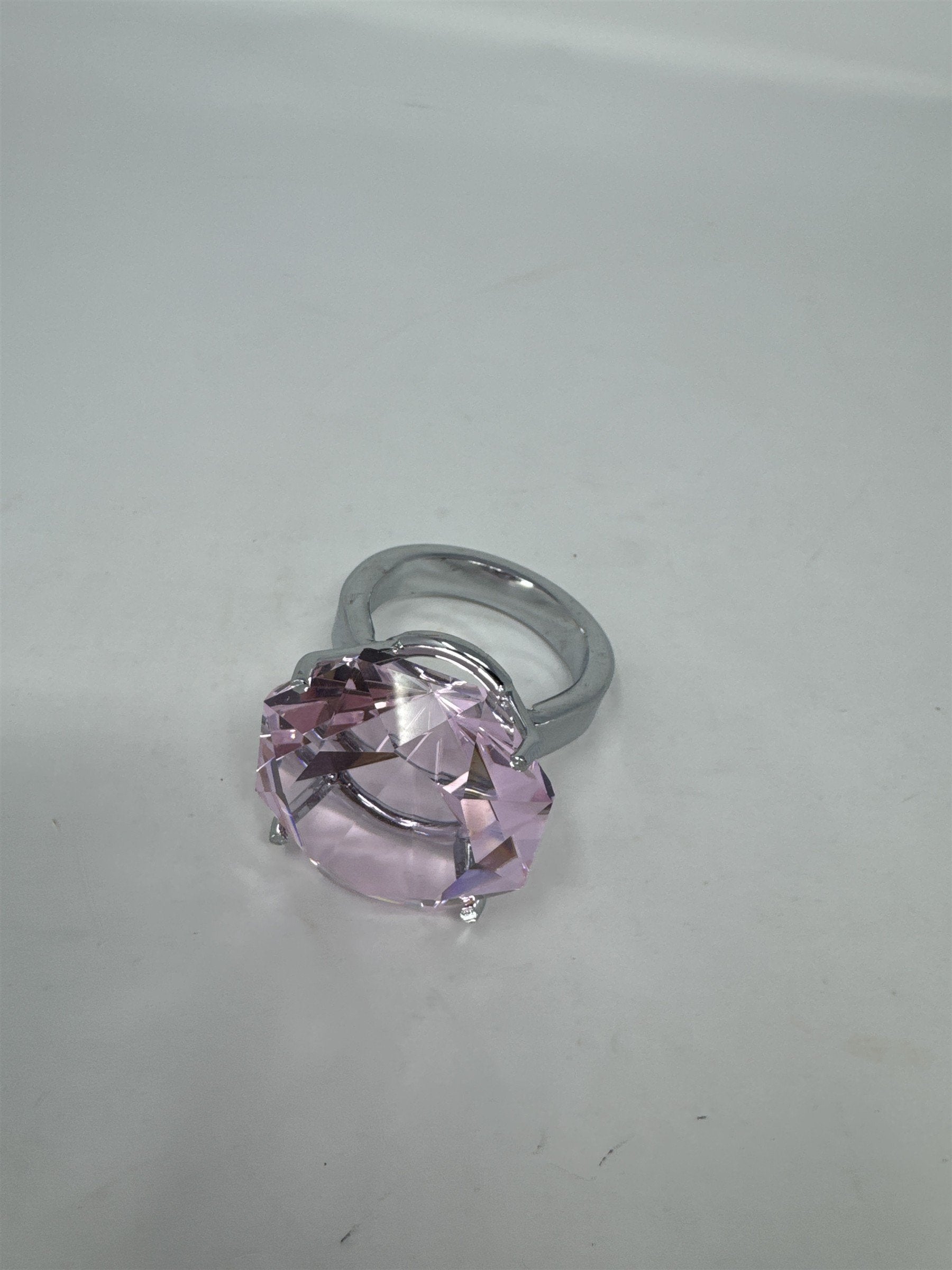 Oversized 2" Pink Faux Diamond Ring Paperweight Decor Glass Gem Silver Base