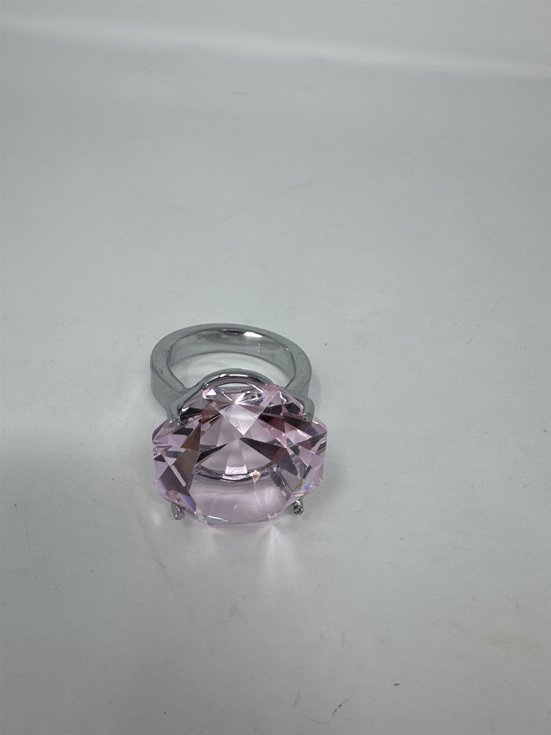 Oversized 2" Pink Faux Diamond Ring Paperweight Decor Glass Gem Silver Base